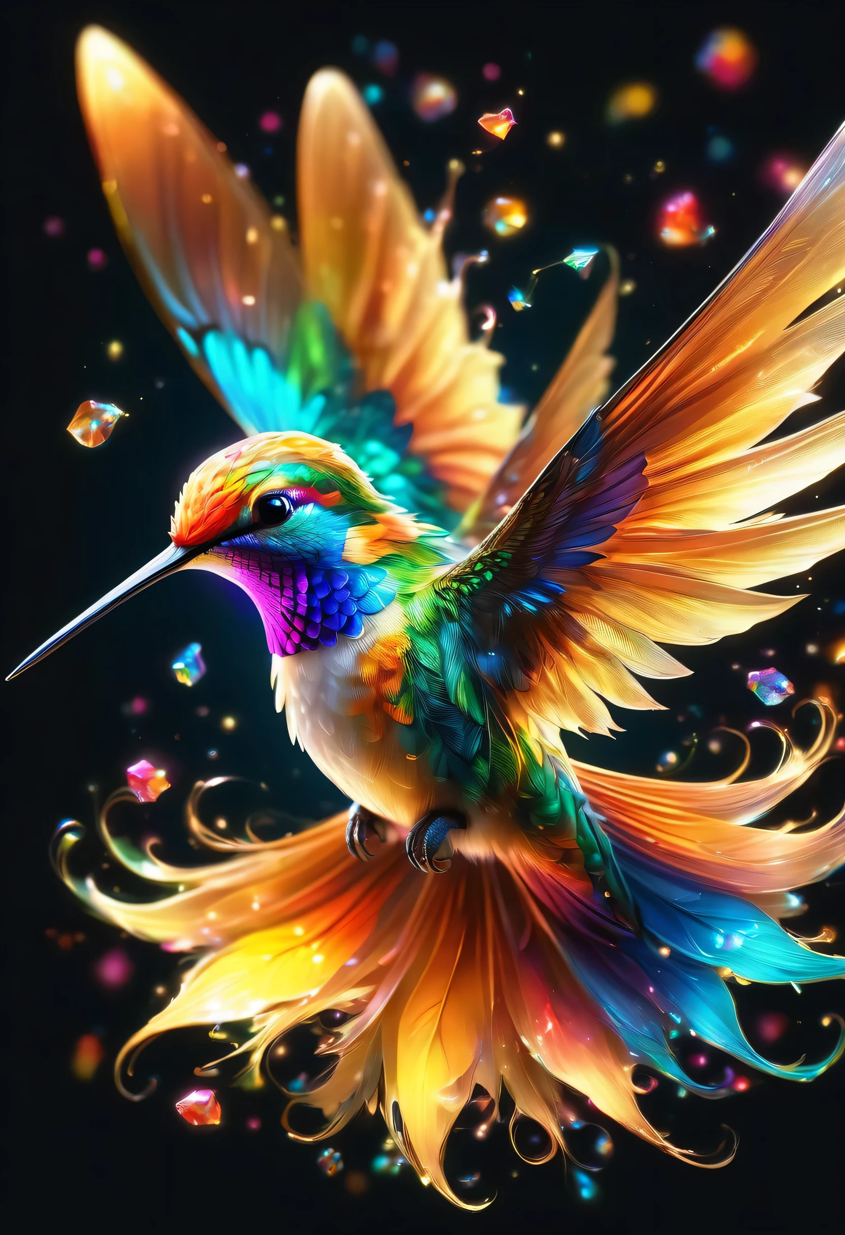 hummingbird isolated in black background,What a beautiful hummingbird,adorable,small,cute,very beautiful,rendering,realism,dream-like,magic essence,rich colors,Cast colorful spells,masterpiece,最高masterpiece,highest quality,8k,be familiar withなディティール,In detail,flash,とてもflash,reflection,Vibrant colors,be familiar with,delicately