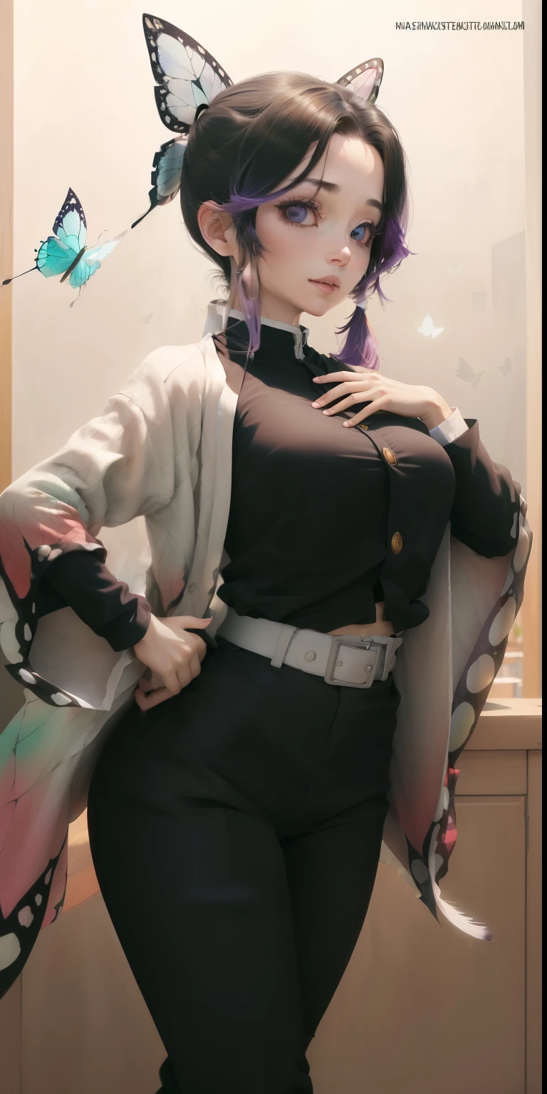 (masterpiece, highest quality, High resolution:1.2), be familiar with, intricate details, 4k, 
1 girl, (alone:1.2), Are standing, turn your arms behind your back, leaning forward, walk, 
aqua hair, long hair, messy hair, floating hair, (dull bangs:1.2), (twin tails:1.2),
1 girl, alone, kochou shinobu, butterfly hair ornament, purple eyes, colorful hair, short hair, parted bangs, Haori, wide sleeve, long sleeve, black pants, black jacket, belt, (looking at the viewer:1.4)