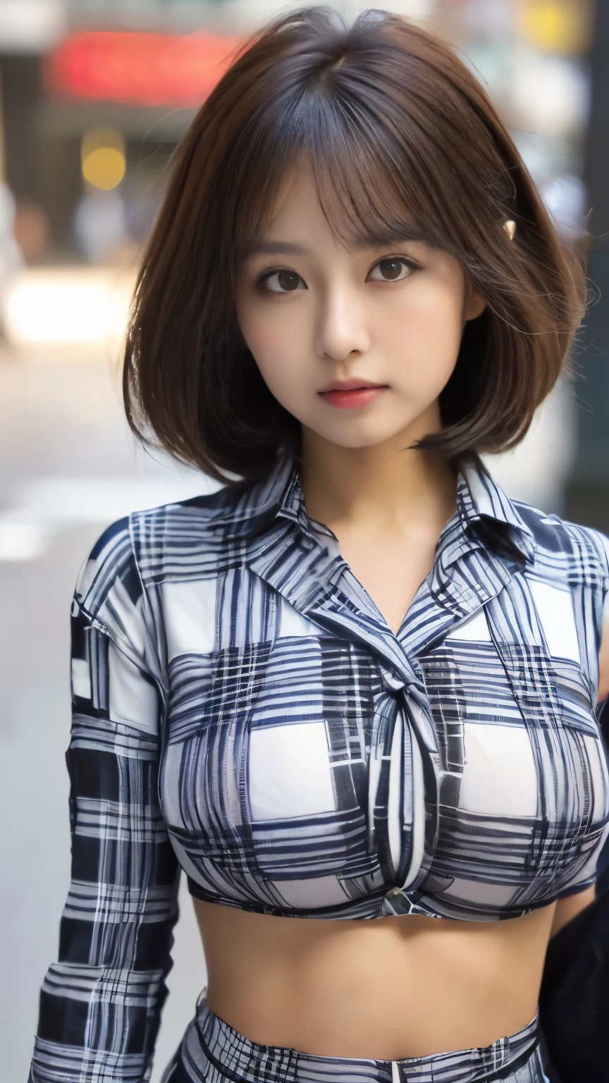 (((1girl)))((best qualtiy, 8K, tmasterpiece:1.3)),((Sharp:1.2, perfect figure beautiful woman:1.4, Slim abs:1.2)), ((Layered Hair Style, huge tit:1.3)),((Highly detailed facial and skin texture,A detailed eye,Black eye,double eyelid, droopy eyes)),(japan girl:1.5)(Brown Hair,Bob Cut)(Checked shirt:1.8),(Japan street:1.3)(full body:1.5)