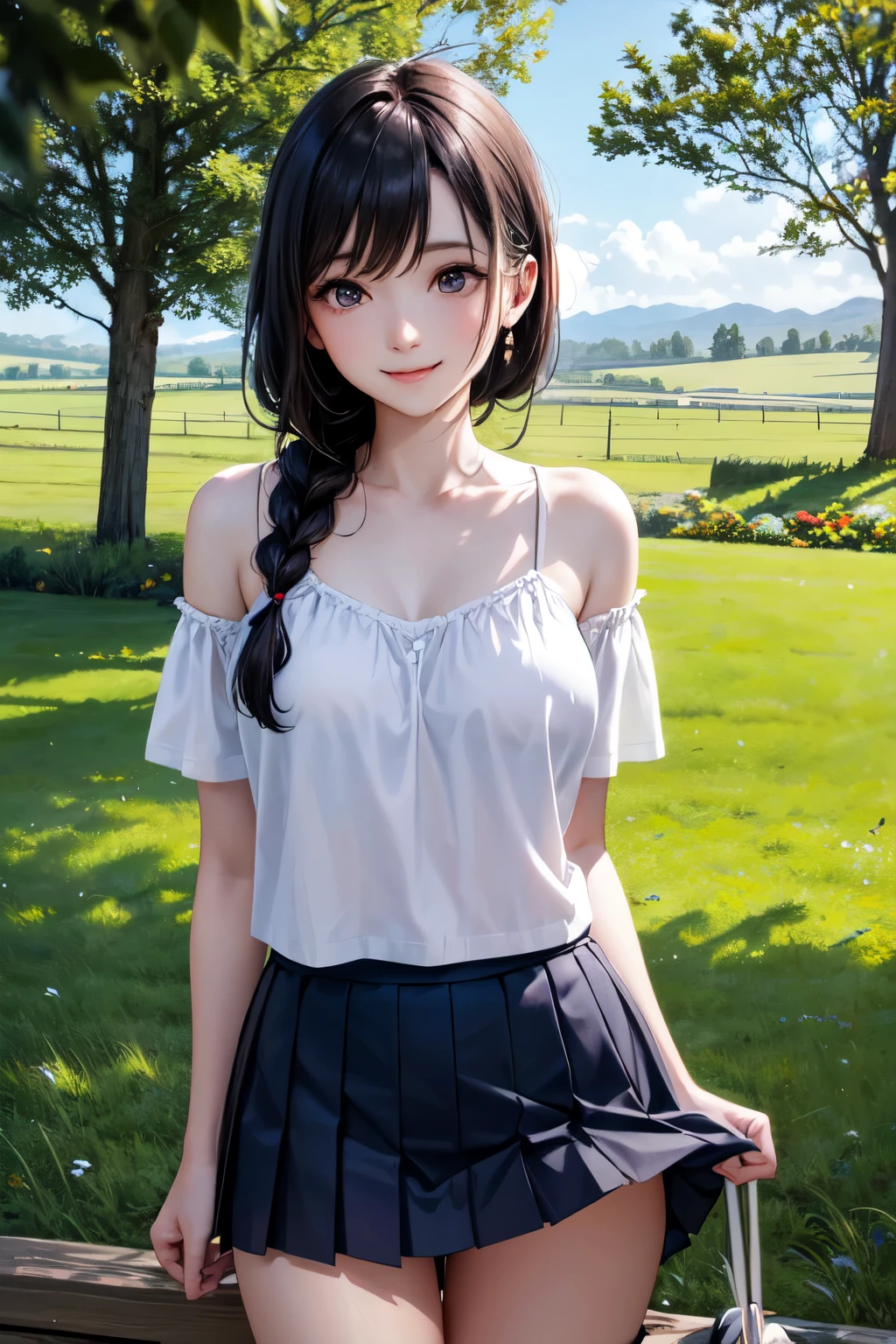 very cute and beautiful girl,(highly detailed beautiful face), white camisole,standing under big tree,cowboy shot BREAK (smile),happy,looking at viewer,(pleated blue mini skirt:1.2),skirt lift,(white panties), countryside,grassland,hilltop,wooden fence,detailed landscape,black hair,twin braid, (best quality,masterpiece:1.2),absurdres,highres,ultra-detailed,extremely detailed,32k,8k resolution, intricate details,cinematic scene,detailed background,solo,dynamic angle,