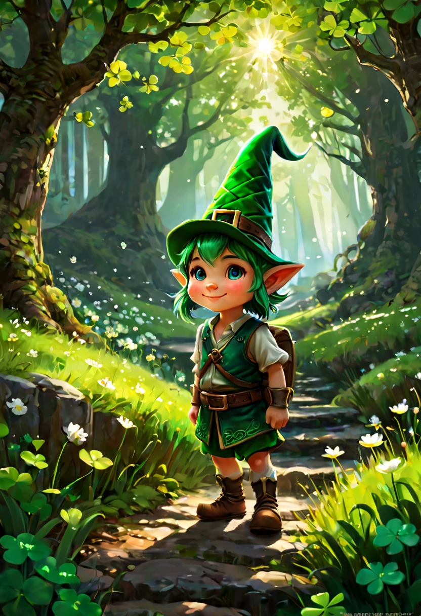 fluorescent horizon, cg graphics illustration, luminism, Shadow art, digital illustration, comic book style, amazing quality, science fiction, In honor of St. Patrick's Day and the rich Celtic culture, myths, landscapes and traditions of Ireland, St. Patrick's Day, cartoon style, cute little smiling gnome, He has a green hat on his head , decorated with flowers and clovers, and clover patterns are also visible on the clothes. The background of the image is a picturesque landscape, clover patterns, epic scene, fairytale, Art by Fabian Perez, Henry Asensio, Jeremy Mann, Mark Simonetti, Studio Ghibli Genshin Impact
