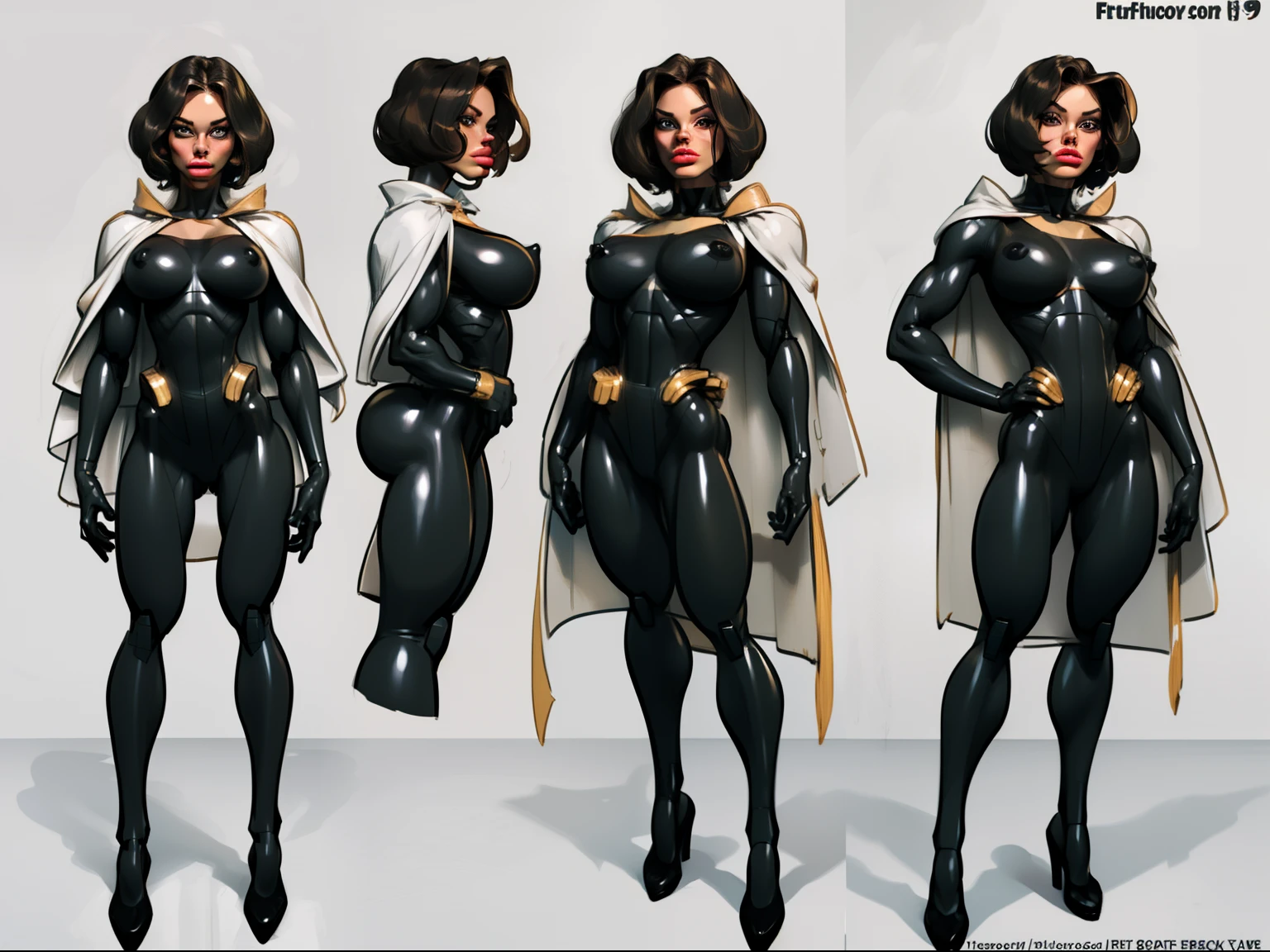 ((masterpiece)),(((best quality))),((character design sheet)), ((full body view)) illustration,1girl, muscular, ((black bodysuit:1.7)), superhero, (white cape:1.5) ((detailed face:1.4)) beautiful woman, (short hair:1.6) (small head:1.2), (flat breasts:1.3), (purple thigh highs:1.3), shiny skin, (gold logo on chest:1.4),scribbles and marks, (puffy lips:1.5), (full lips:1.4) (wide hips:1.3), big lips, detailed lips, (gold gloves:1.2) rough sketches, pose, 8k,16k, (simple background, white background: 1.3), ((cool color palette))