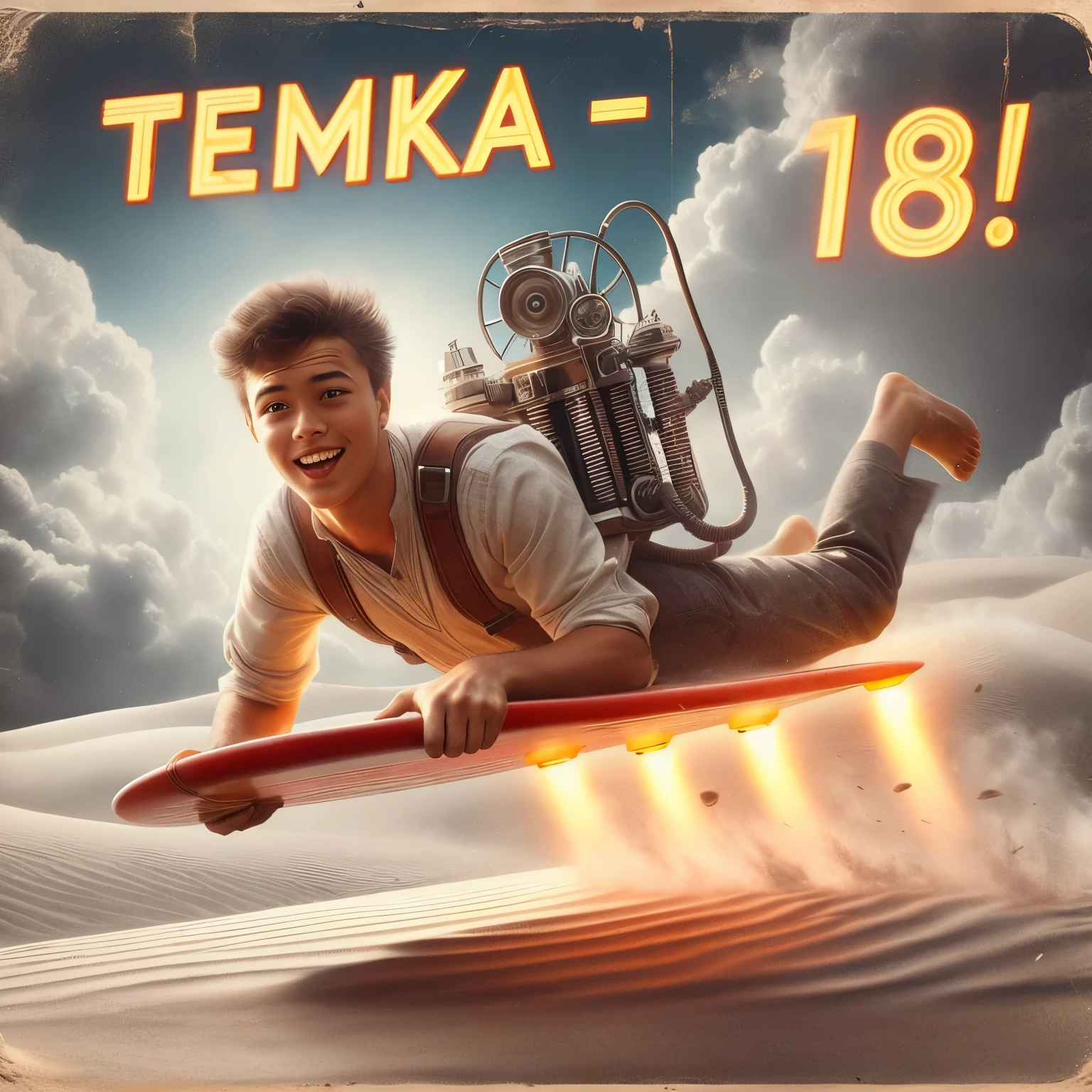 Retro birthday poster, title "TEMKA - 18!", vietnam, white sand dunes, man, 18 year old, Caucasian, beach wear, happy, skinhead, flying up in air on futuristic steampunk surfboard, looking at camera, steam clouds, photorealistic, masterpiece,  trending on artstation 4k, 8k, HD,  Eye-Level Shot, 