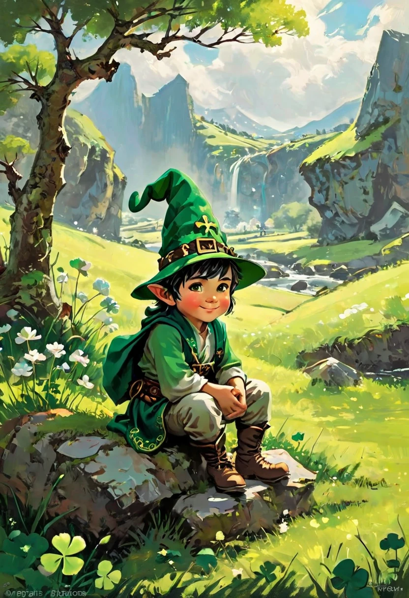 fluorescent horizon, cg graphics illustration, luminism, Shadow art, digital illustration, comic book style, amazing quality, science fiction, In honor of St. Patrick's Day and the rich Celtic culture, myths, landscapes and traditions of Ireland, St. Patrick's Day, cartoon style, cute little smiling gnome, He has a green hat on his head , decorated with flowers and clovers, and clover patterns are also visible on the clothes. The background of the image is a picturesque landscape, clover patterns, epic scene, fairytale, Art by Fabian Perez, Henry Asensio, Jeremy Mann, Mark Simonetti, Studio Ghibli Genshin Impact
