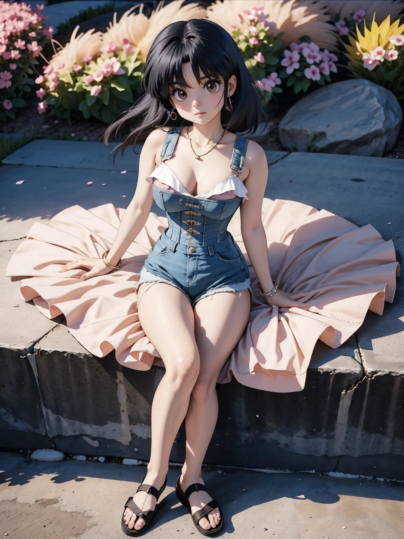 Anime girl with dark bluish hair in denim shorts and a pink corset, 16 years old, beautiful body, big breasts, with her hands on her waist, hands in her hair, Sexy girl, bluish hair, side strands of hair with a pink bow, strands of hair with a bow on the side of the face, beautiful lighting, soft shadows, brown eyes, beautiful toned legs, short hair, anime style, hand on the waist, hand in the hair, character Akane Tendo, Author Rumiko Takahashi, Based on a work by Rumiko Takahashi, Anime Ranma 1 / 2, sexy cleavage, robust hips, full body, full body, big bust, young girl with nice and beautiful body, sandals on her feet, girl 16 years young, wearing denim shorts and pink corset, anime girl, anime style, beautiful feet in sandals, 45° viewing angle, outdoors, big breast, beautiful breasts, black hair, sandals on feet, beautiful legs, sexy, beautiful legs, Sandals, big breasts, full body, full body, feet with sandals, big bust