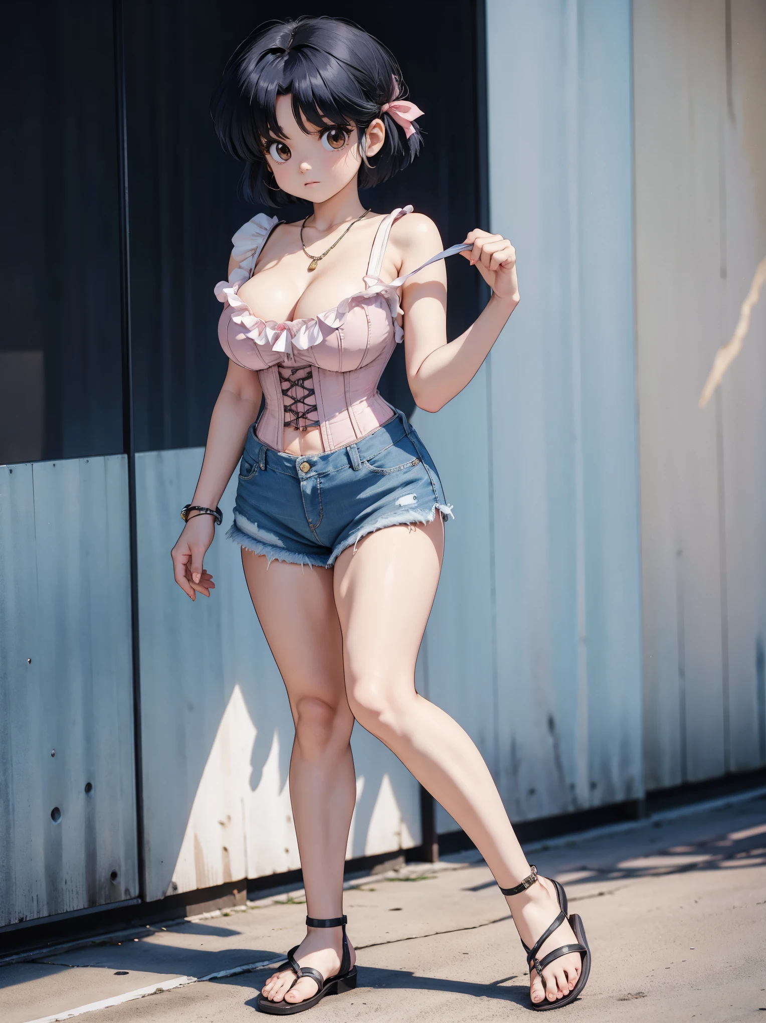 Anime girl with dark bluish hair in denim shorts and a pink corset, , beautiful body, big breasts, with her hands on her waist, hands in her hair, Sexy girl, bluish hair, side strands of hair with a pink bow, strands of hair with a bow on the side of the face, beautiful lighting, soft shadows, brown eyes, beautiful toned legs, short hair, anime style, hand on the waist, hand in the hair, character Akane Tendo, Author Rumiko Takahashi, Based on a work by Rumiko Takahashi, Anime Ranma 1 / 2, sexy cleavage, robust hips, full body, full body, big bust, young girl with nice and beautiful body, sandals on her feet, girl 16 years young, wearing denim shorts and pink corset, anime girl, anime style, beautiful feet in sandals, 45° viewing angle, outdoors, big breast, beautiful breasts, black hair, sandals on feet, beautiful legs, sexy, beautiful legs, Sandals, big breasts, full body, full body, feet with sandals, big bust