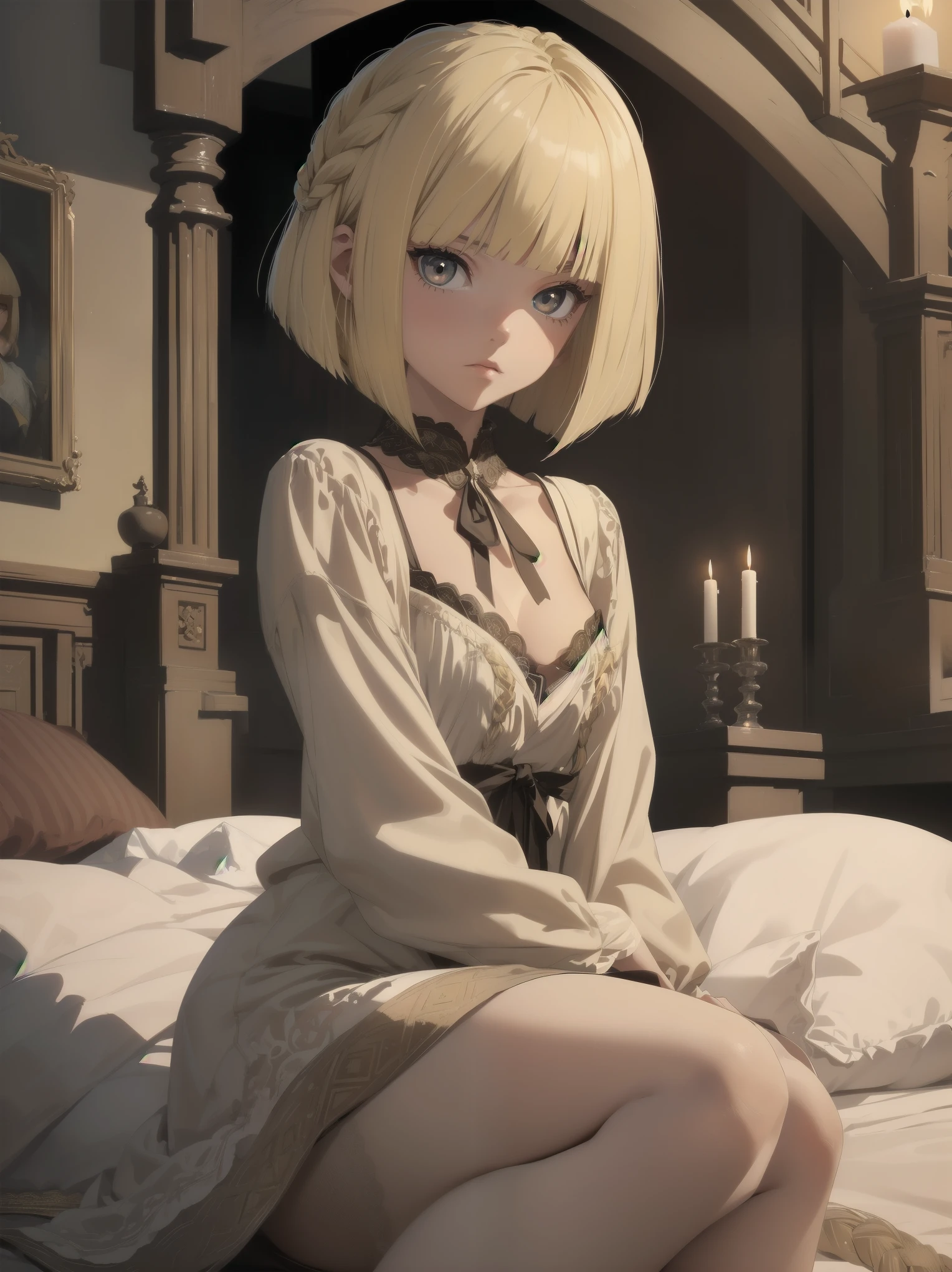 (masterpiece, top quality), (absurd resolution), (8K), (detailed beautiful face and eyes), (detailed illustrations), (super fine illustrations), (vivid colors), (professional lighting), nice hands, perfect hands, BREAK cinematic angle, Dutch angle, (close-up, medieval European, sitting bed: 1.3), BREAK (Dragon Quest style), 1 girl, solo, (blonde one length bob cut braided: 1.6), red eyes, china like skin, shiny hair, (big eyes: 1.2), BREAK expression, neckline ribbon: 1.4), lesaxi-length long sleeve, linen, beige negligee, BREAK (night: 1.3), indoor, ( Stockholm, 1920 Europe), (old western room, canopy bed, furniture, fireplace, candleagnificent view), (cinematic shadows, cinematic lighting), (blurred background),