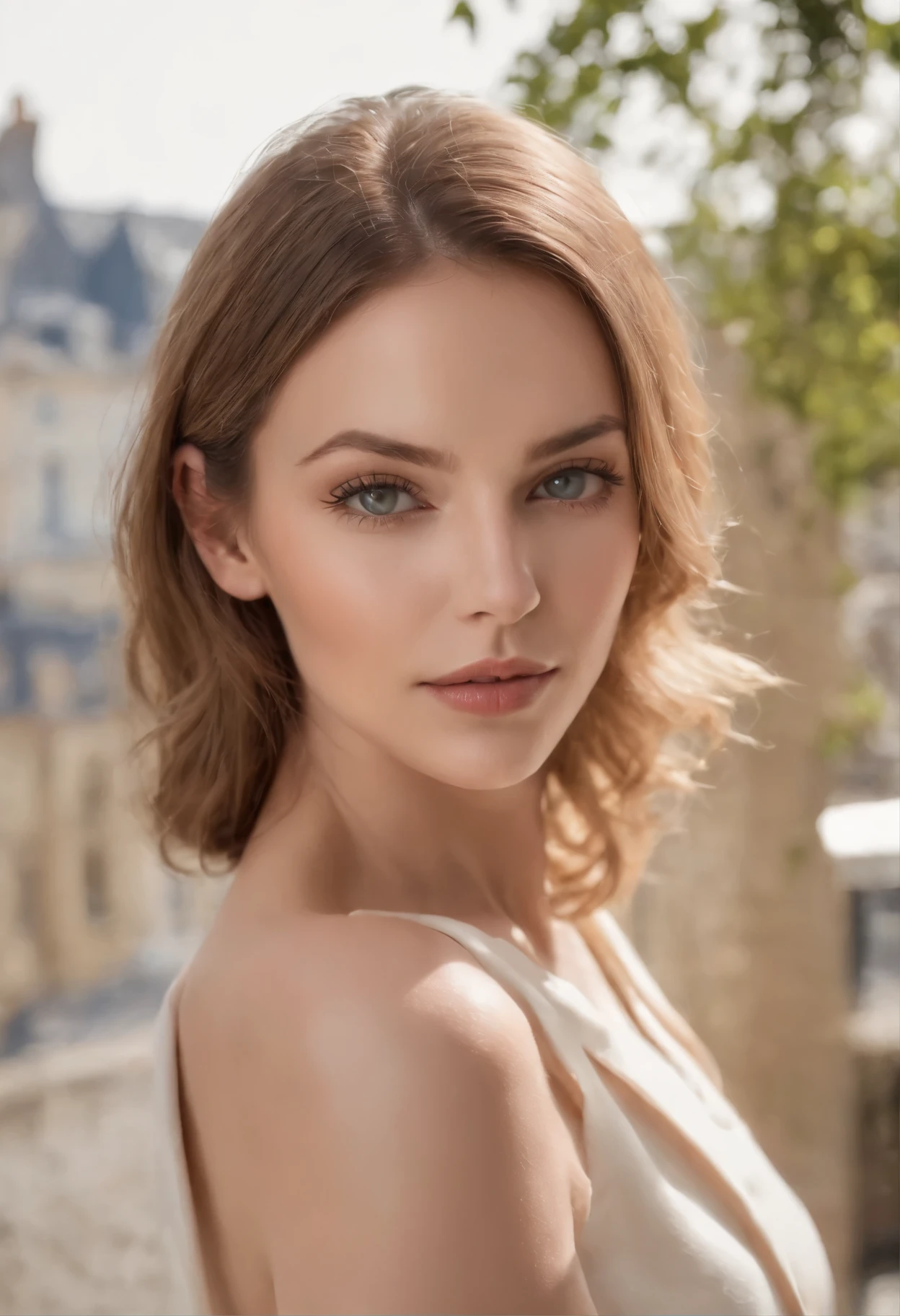 photo ultra réaliste ,jeune femme 36 ans, très classe, charismatique, elegante, very attractive , seductress, sexy, Beau sourire, avec des airs de Kylie Minogue, Ana de Armas, Margot Robbie, strict navy female affairs, elegant, elegant, debout devant une grande fenêtre à létage supérieur d'un gratte-ciel, paysage urbain lointain avec des gratte-ciel en arrière-plan, ((yeux parfaits, Detailed eyes,Realistic eyes)), ((visage pointu, detailed face, Realistic face, peau de cuir naturel, peau réalist air confiant dans un style d'affaires, avec costume beige, an unbuttoned white blouse with two fewer buttons revealing her breasts through transparency, des seins parfaits, une femme nue , un corps parfait dénudé et sexy, assis à une table devant l'ordinateur, avec des sourcils mi-longs, drawn lips, perfect green eyes and a seductive woman's gaze, belle femme marchant dans la rue France et regardant la caméra en séduisant , 8K, incredibly detailed, acuity, Details + professional lighting, photographic lighting + 50mm, 80mm, 100m + Galerie Lightroom + Photographie Behance + unsplash --ar 2:3 - photo ultra réaliste