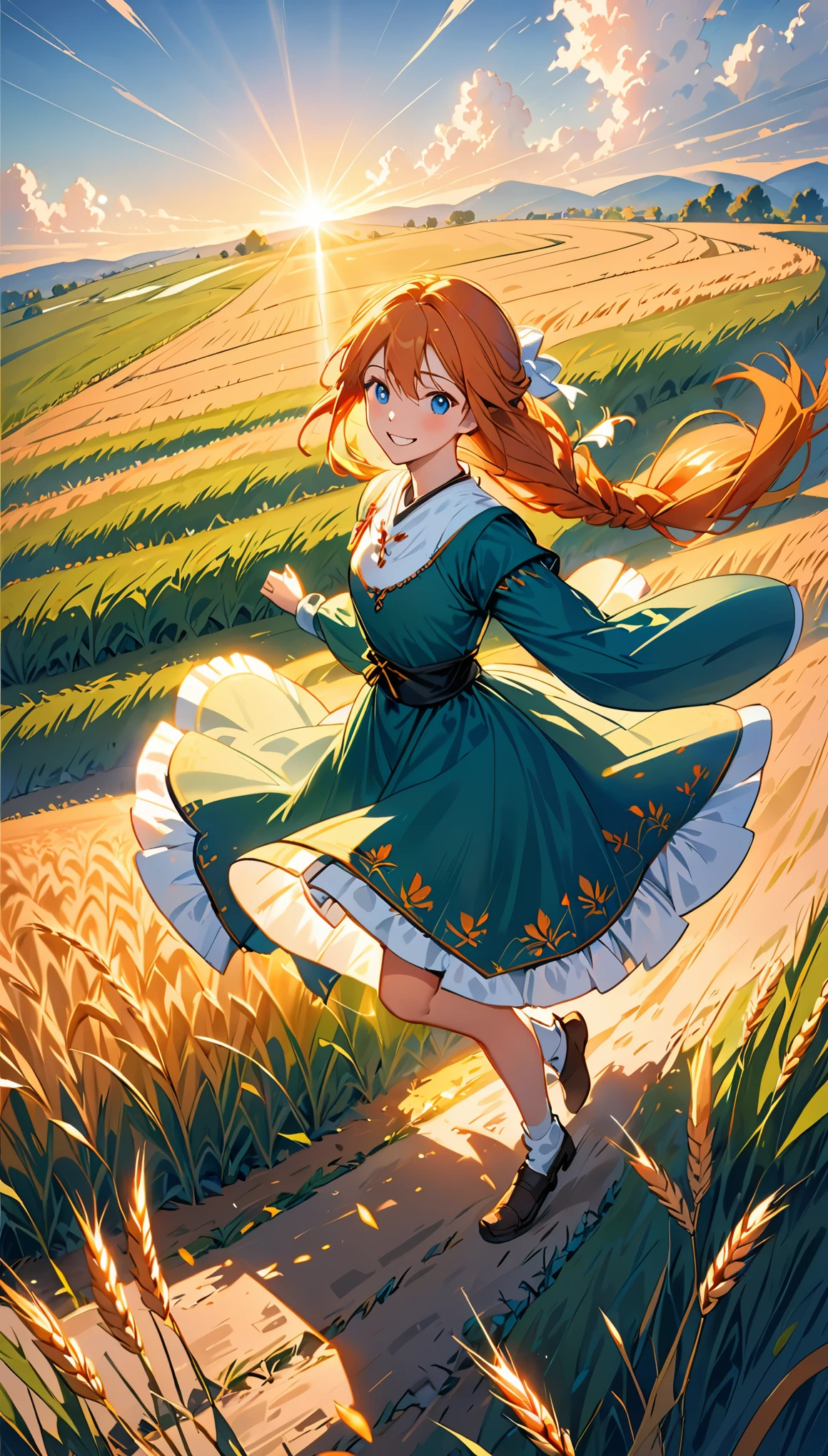 1 girl, alone, Long orange hair, running, (high wheat field), Turn around, emerald eyes, Long blue dress, middle Ages, medieval clothing, long sleeve sunset, light from behind, shadows on characters, Smile, laughter, (blue sky), Against the background of wheat, stand far away, looking at the audience, full length