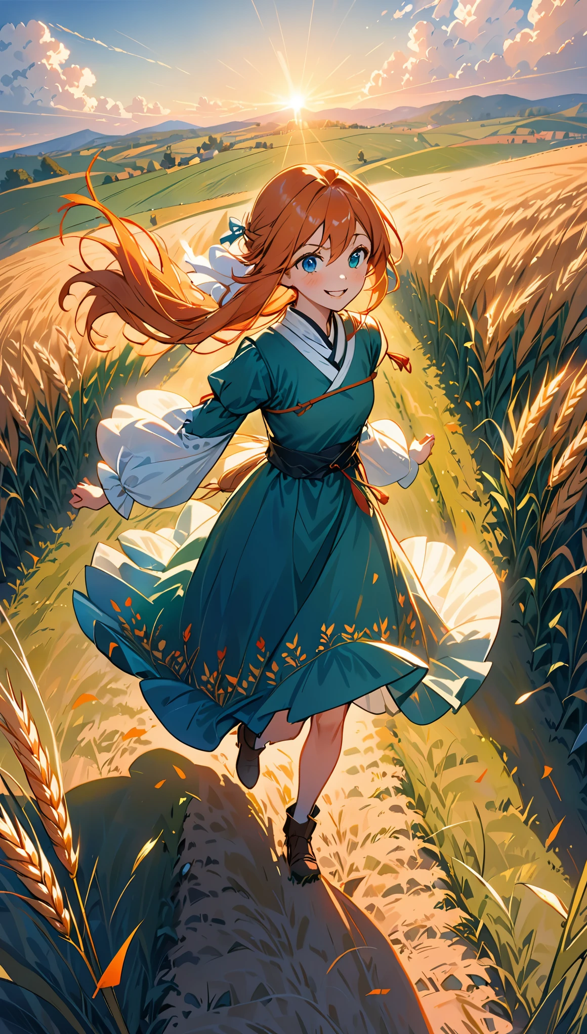 1 girl, alone, Long orange hair, running, (high wheat field), Turn around, emerald eyes, Long blue dress, middle Ages, medieval clothing, long sleeve sunset, light from behind, shadows on characters, Smile, laughter, (blue sky), Against the background of wheat, stand far away, looking at the audience, full length