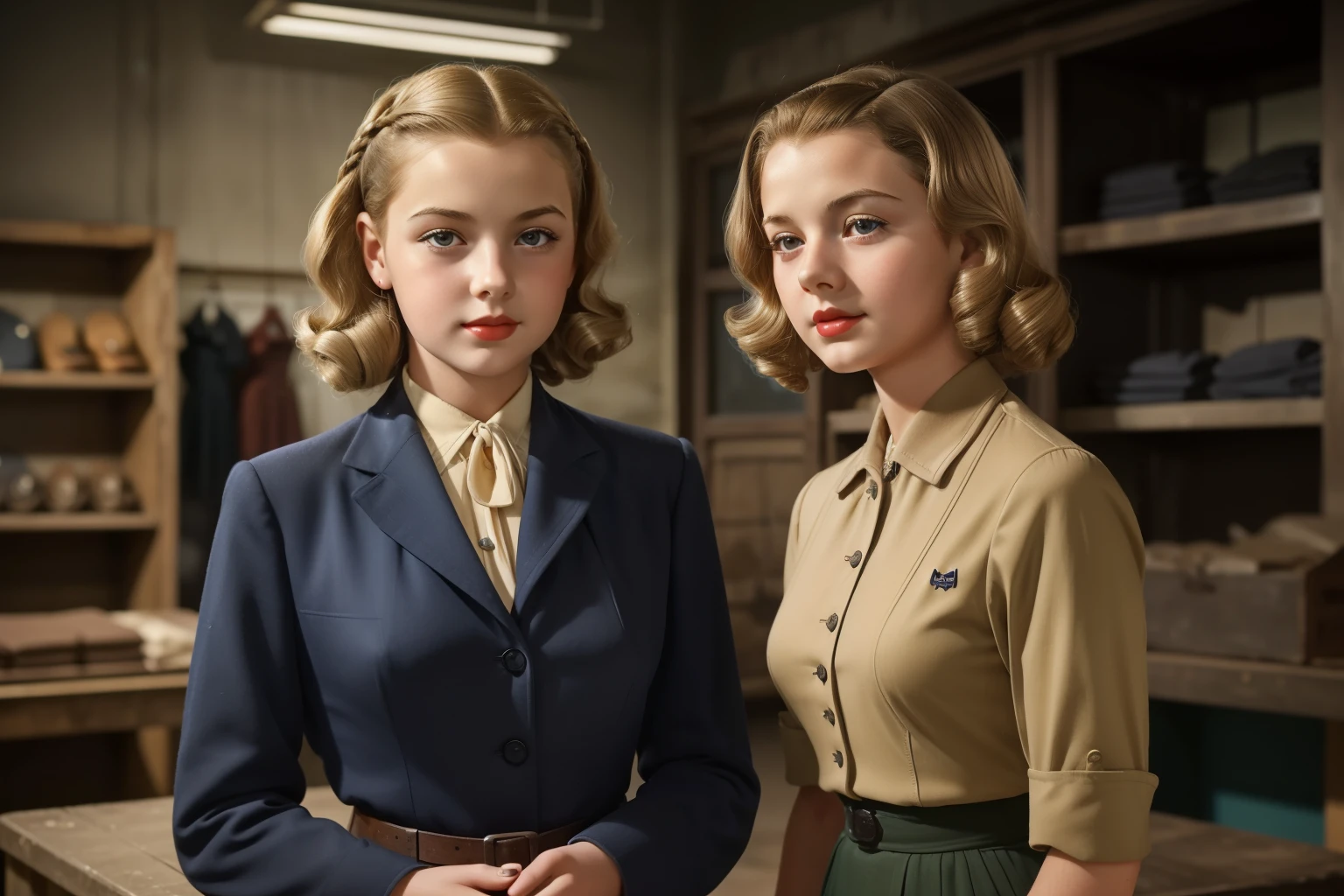 Molching, Germany, 1942. ((((13-year-old)) Liesel Meminger)), very thin, kind, big-hearted, dangerous dark eyes, in an ((empty taylor shop)), creepy mannequins, with her male friend, ((scheaming expression)). ((((casual poor girl clothings from the 1940s)))), ((dark-blond hairstyle of the 1940s))