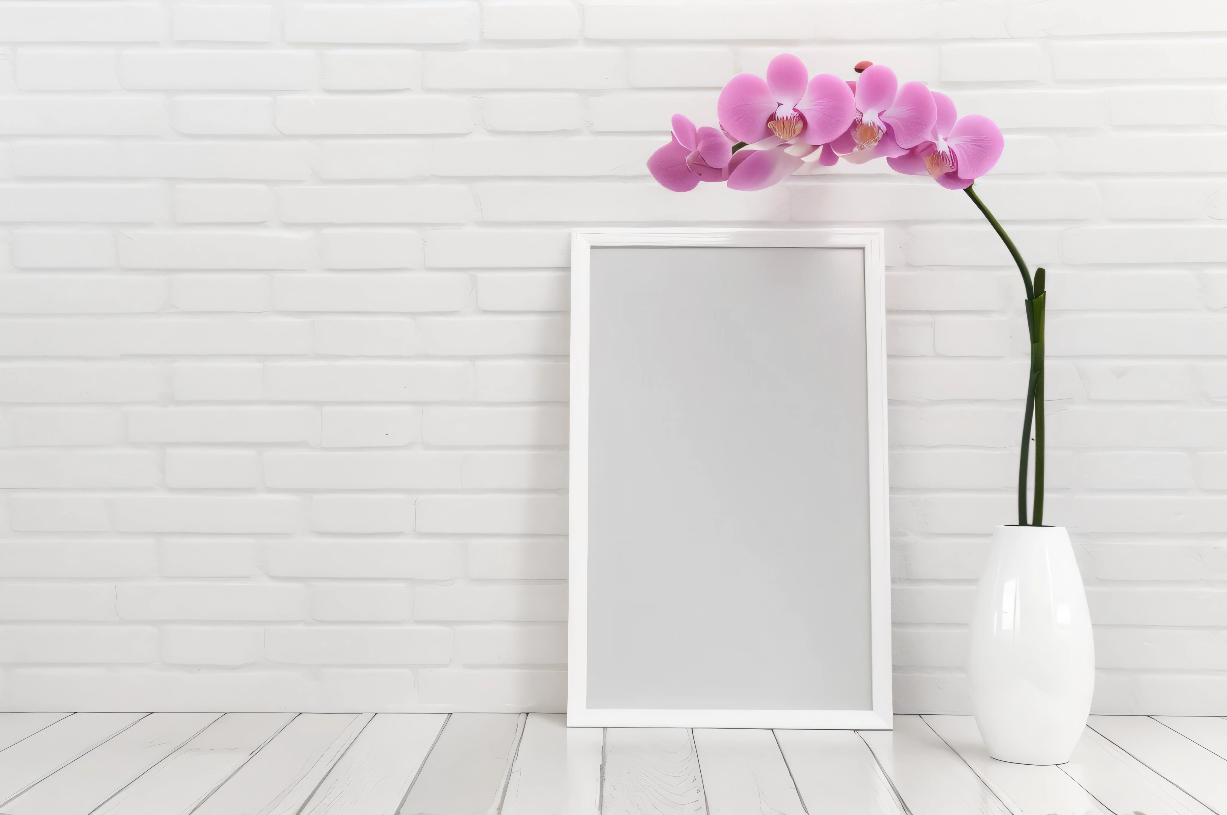 there is a white vase with a pink flower in it, inside a frame on a tiled wall, on a white table, with a white background, white background, white frame, white border frame, poster background, white frame border, product introduction photo, without text, 3 d giant orchid flower, white background : 3, vertical movie frame, white border and background