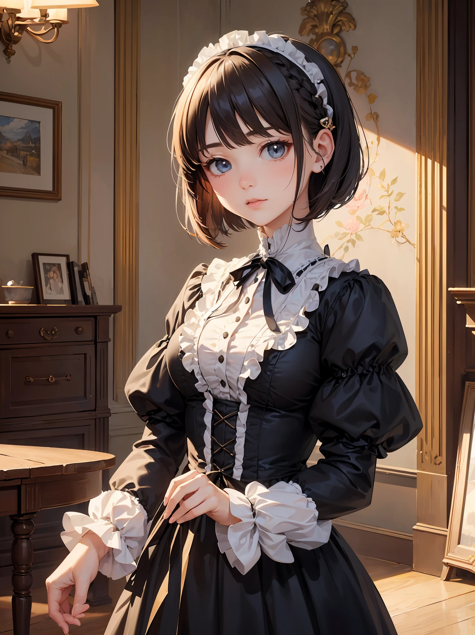 (highest quality、16K、masterpiece、ultra high resolution、Victorian era、Photoreal:1.2)、cowboy shot、One length bob cut braided hair clip with front drop、big ribbon、brand uniform　cute、clear、 Tsundere、heroine attributes、artistic shadow
