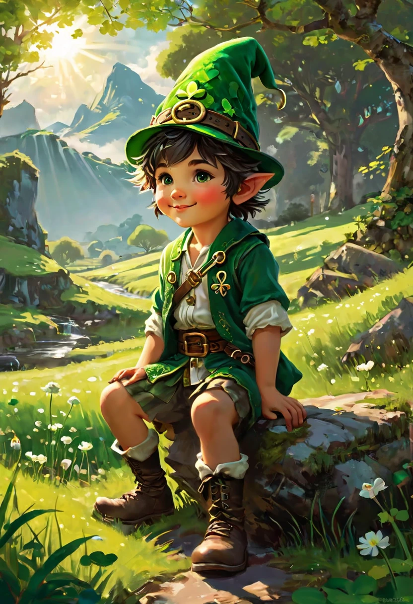 fluorescent horizon, cg graphics illustration, luminism, Shadow art, digital illustration, comic book style, amazing quality, science fiction, In honor of St. Patrick's Day and the rich Celtic culture, myths, landscapes and traditions of Ireland, St. Patrick's Day, cartoon style, cute little smiling gnome, He has a green hat on his head , decorated with flowers and clovers, and clover patterns are also visible on the clothes. The background of the image is a picturesque landscape, clover patterns, epic scene, fairytale, Art by Fabian Perez, Henry Asensio, Jeremy Mann, Mark Simonetti, Studio Ghibli Genshin Impact