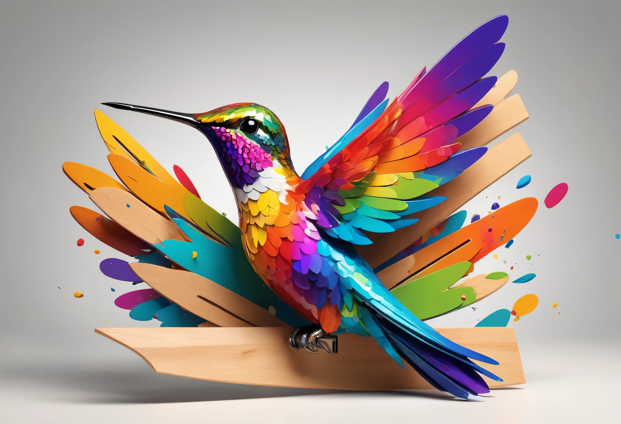 (best quality,ultra-detailed),(realistic:1.37), vibrant colors, abstract hummingbird in a logo style, clothespin, rainbow palette, modern art concepts, dynamic composition, feather texture, glossy finish, bright hues, soft lighting, 3D rendering.