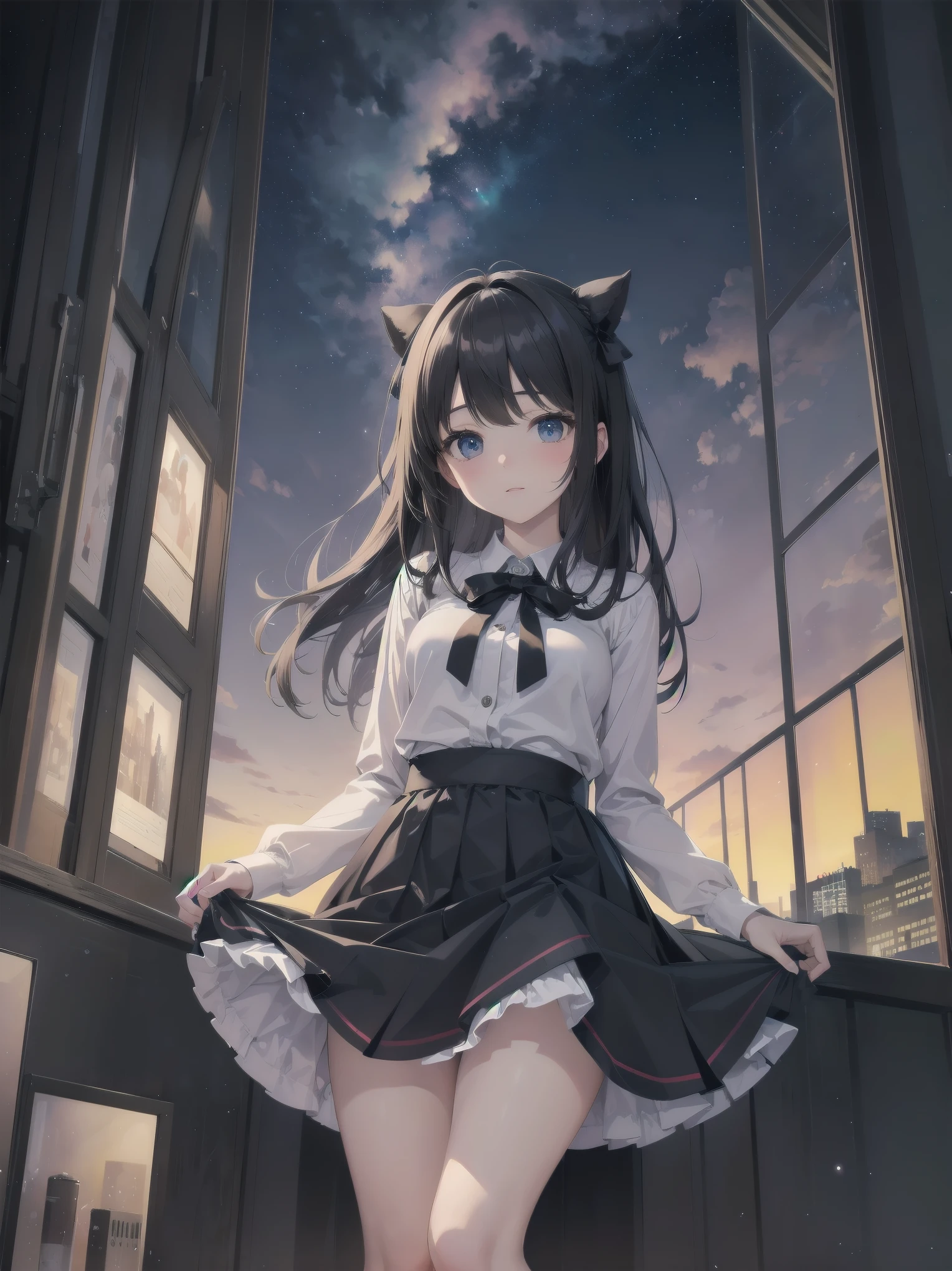 Artistic AI Art Galaxy(masterpiece:1.2, best quality),clear。lift up the skirt、cute girl、The night view of the big city outside the window、artistic shadow、I can't believe it but it's so ridiculously cute