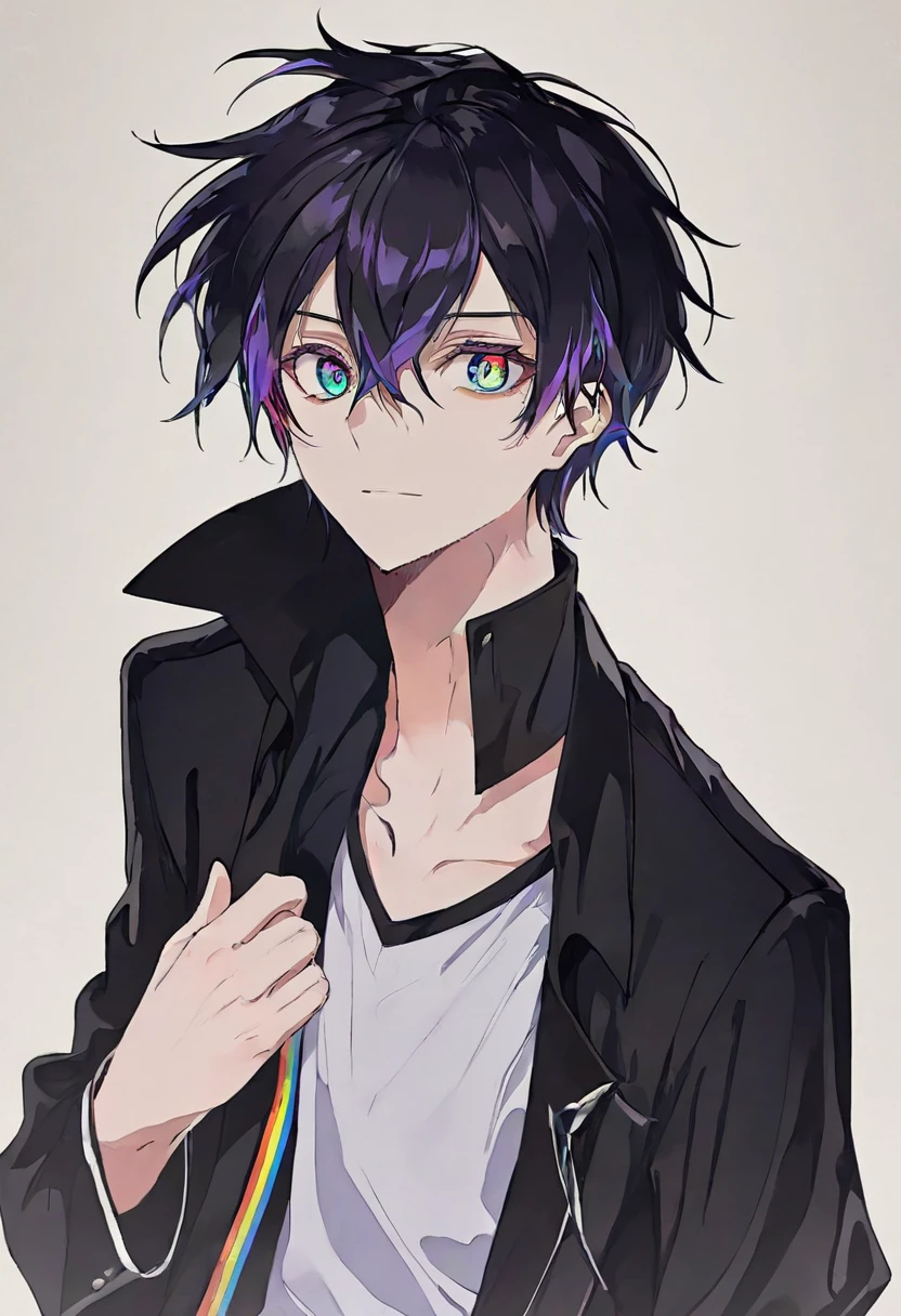 anime, High image quality, delicate details, unbroken face, beautiful face, very good fingerasterpiece), best quality, expressive eyes, perfect face, 1boy, black hair, dark, sickly, low saturation, dark colorful color eyes, dark, rainbow hair, dark rainbow eyes, full body, dynamic, (((BOY))), full body, pose