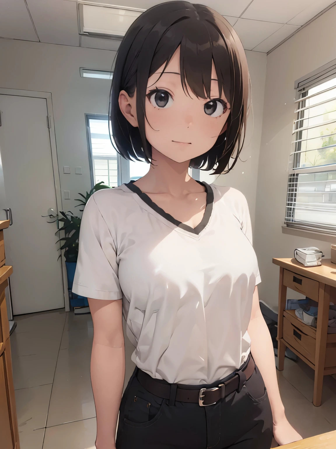 1Girl, Cool girl, 18 year old, 170cm, masterpiece,High resolution,solo:1.2,高精細CG Unity 8K,realistic,RAW photo,1 girl,(White V Neck T-Shirt),Accurate, anatomically correct, symmetrical eyes,(black eye),(small breasts),light brown hair,(very short hair),(messy hair),(asymmetrical bangs),(dramatic angle:1),(waist belt),(black eyes),(white background:1), Casual Cloth, Beatiful, Perfect anatomy, perfect hand, A girl is holding 2 barbekyu skewers in her hands, approaching with a smile on her face, cool girl, handsome woman