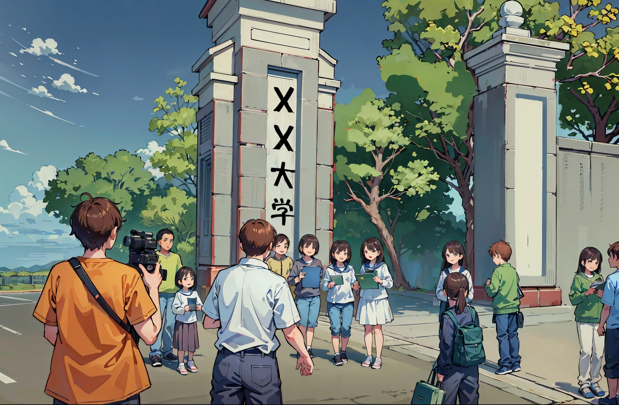 clean lines，comic style，Three people at the school gate are holding books in their hands，camera shot