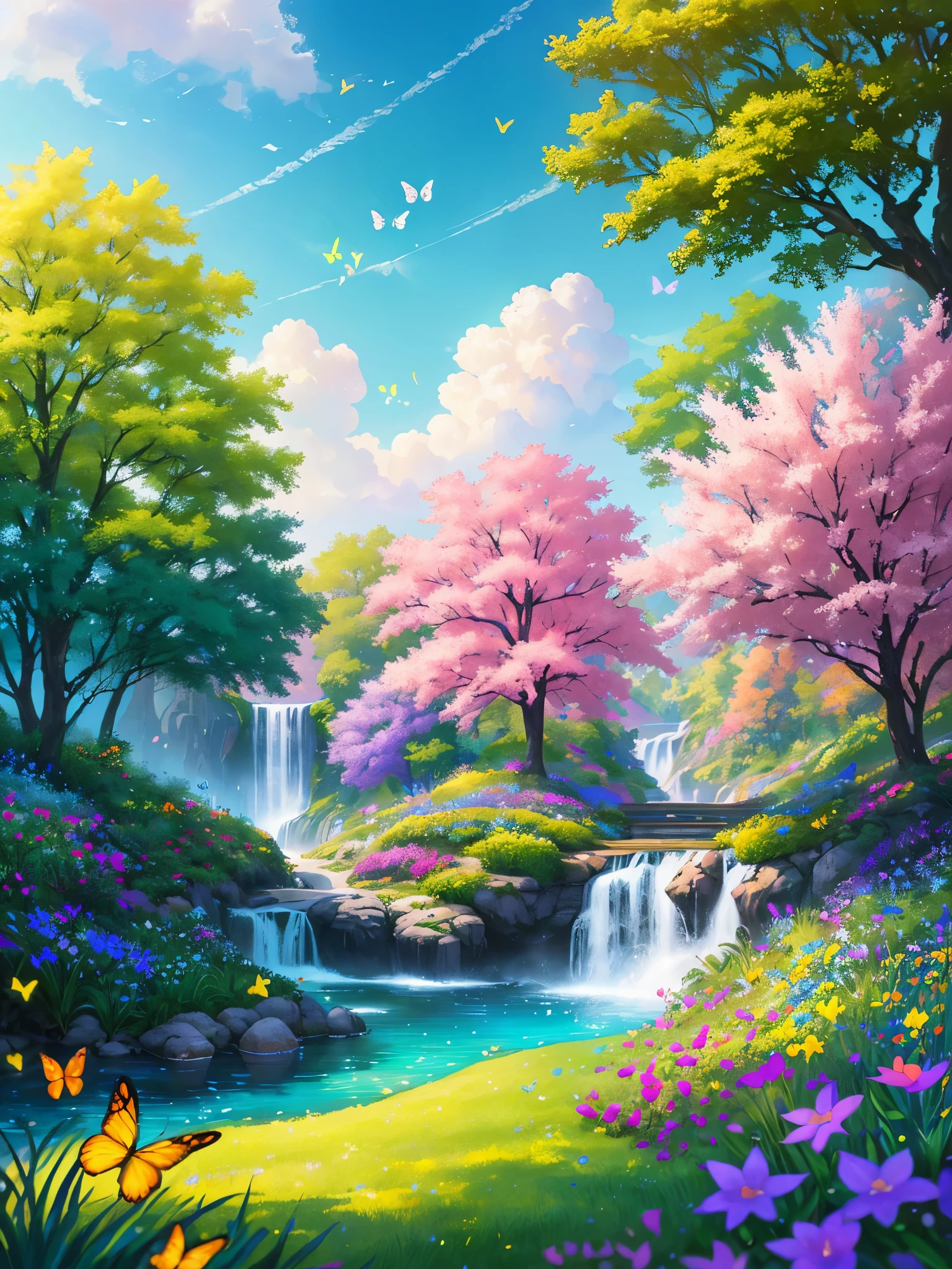 masterpiece, best quality, high quality, extremely detailed cg unity 8k wallpaper, an extremely colorful and purely fantasy environment with vibrant hues and a bright sky, landscape of bright green grass, colorful trees, glittering fruits, and bright blue flowers. the streams are a deep shade of blue, and the air is filled with sweet exotic scents. the environment appears to be taken out of a dream, with luminescent butterflies and giant colorful birds flying around, award winning photography, bokeh, depth of field, hdr, bloom, chromatic aberration ,photorealistic,extremely detailed, trending on artstation, trending on cgsociety, intricate, high detail, dramatic, art by midjourney