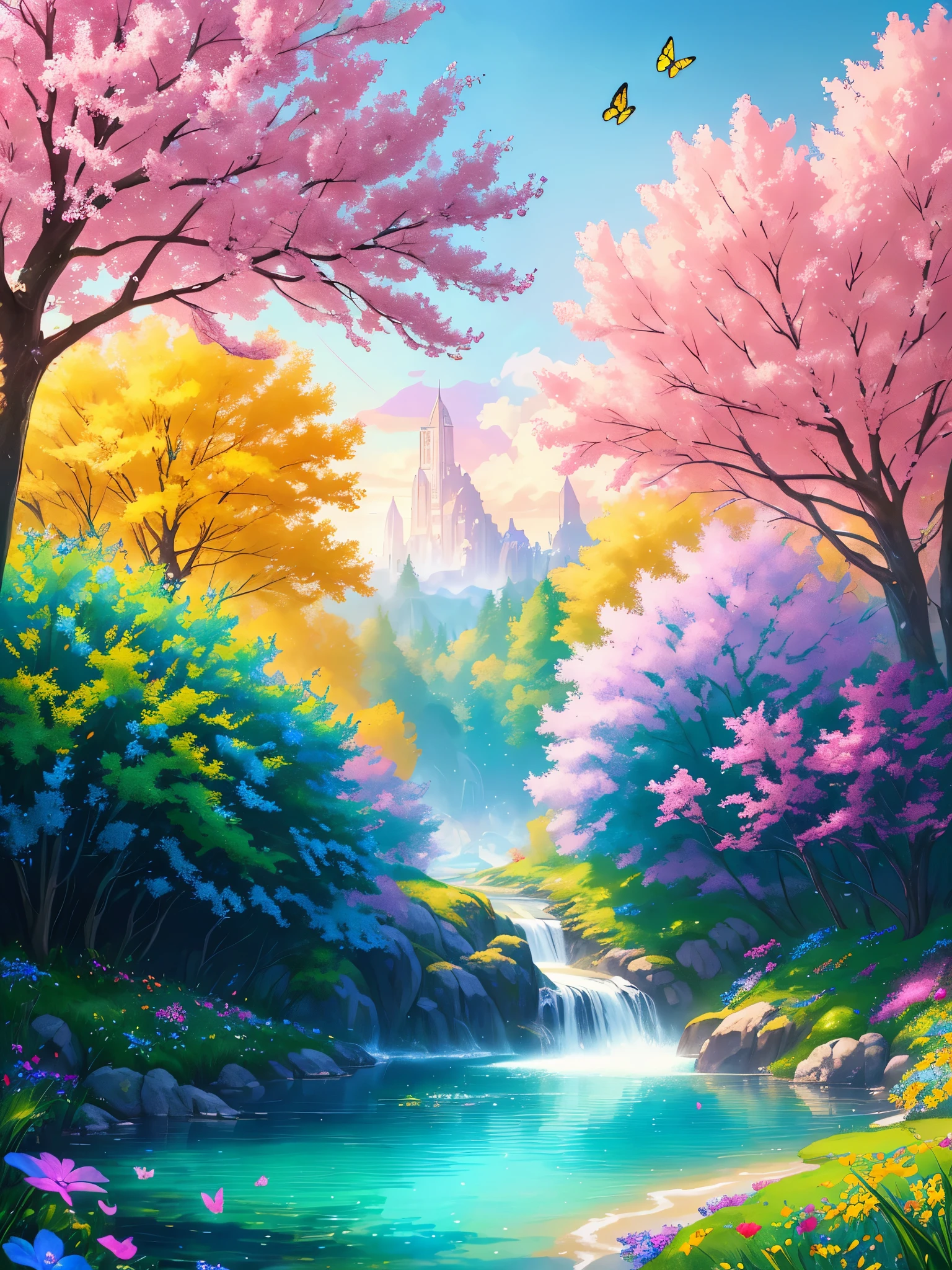 masterpiece, best quality, high quality, extremely detailed cg unity 8k wallpaper, an extremely colorful and purely fantasy environment with vibrant hues and a bright sky, landscape of bright green grass, colorful trees, glittering fruits, and bright blue flowers. the streams are a deep shade of blue, and the air is filled with sweet exotic scents. the environment appears to be taken out of a dream, with luminescent butterflies and giant colorful birds flying around, award winning photography, bokeh, depth of field, hdr, bloom, chromatic aberration ,photorealistic,extremely detailed, trending on artstation, trending on cgsociety, intricate, high detail, dramatic, art by midjourney