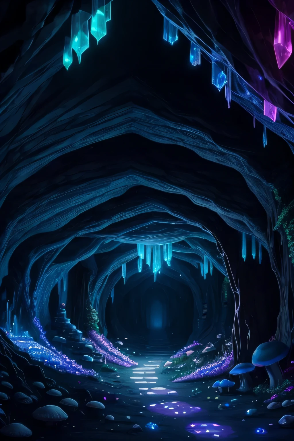 an underground cave with crystals and glowing fungi