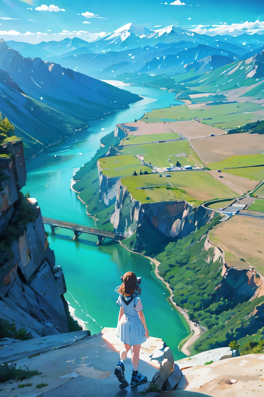 Awe-inspiring scenery,Mountain,river,Two dimensions, mascot character,beautiful woman