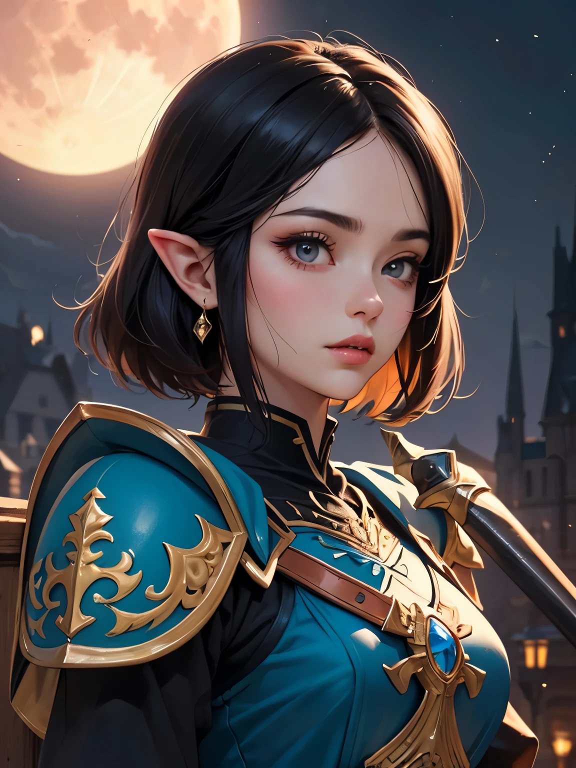 (((Best Quality))), ((Ultra-detailed)), (extremely detailed photo), ((extremely delicate and beautiful)),(Cute delicate face), ((masterpiece)), perfect anatomy, intricate, (highly detailed), masterpiece, photorealistic,A 17 years old dignified girl,(blue and black sexy armor), (upper body),(Background of Hyrule Castle),((Crimson full moon night)),(holding Link's Master Sword),tall girl,black hair,alone,short hair, double eyelid,delicate skin,slender body shape