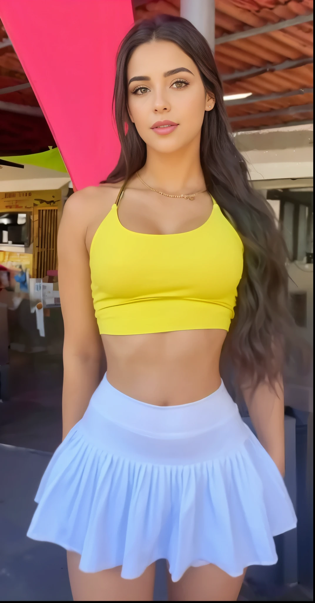 um close de uma mulher com uma blusa amarela e uma saia branca, vestindo top amarelo, roupa apertada, ela tem uma barriga redonda e gorda, usando um top cropped sexy, a menor barriga de todos os tempos, Grosso, apta, her belly button is exposed, tiro do meio da cintura para cima, usando top curto, garota sexy, vestindo roupas simples e justas