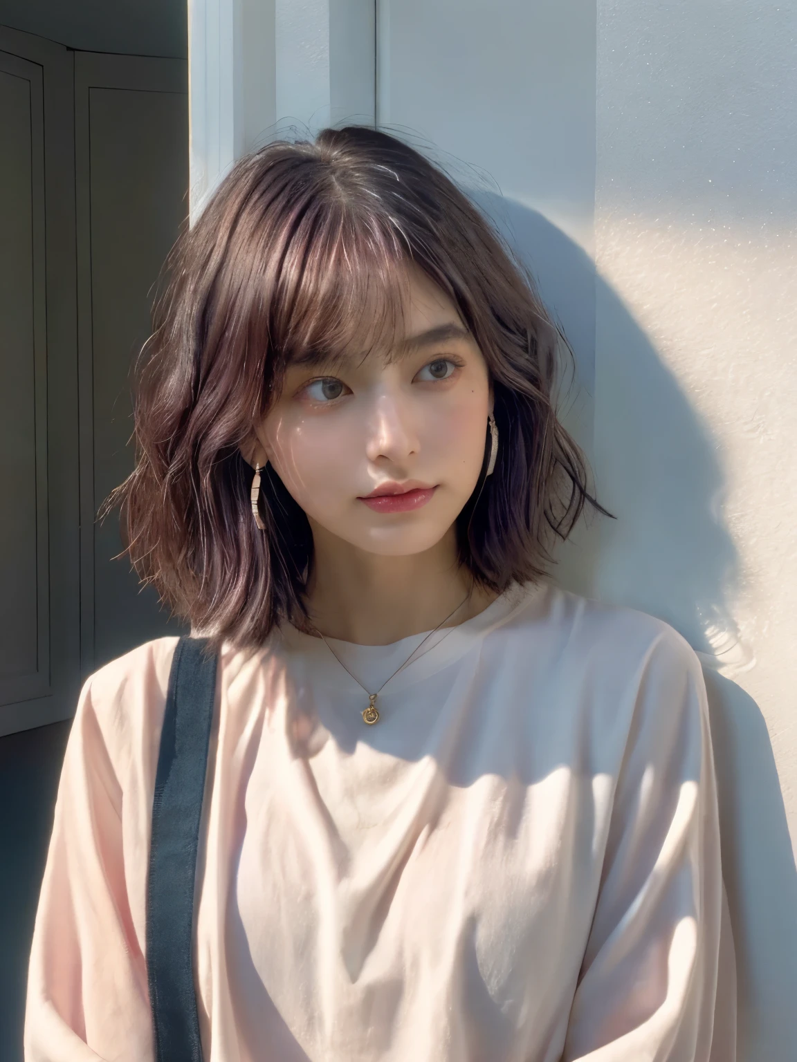 (8k、original photo、best quality、masterpiece:1.2)、HD RAW color photos、Professional photos、(actual、photo actual:1.37)、movie lighting、1 girl、laughter、White walls、Taken in front of the white door、((窓のあるWhite wallsの部屋))、Various postures、winter clothes、simple necklace、(Beautiful contour:1.3)、Don't look at the camera、contour、bob、bobヘア、bob cuts、((light dark pink and dark hair color))、ロングbob、contour、Normal and delicate eyes、dark brown eyes、earrings、(white long sleeve shirt)