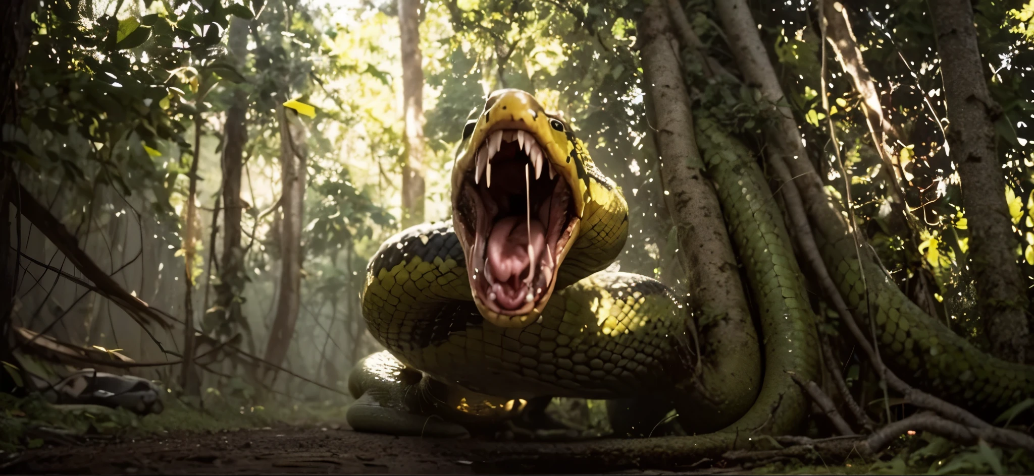 arafed snake with open mouth in the middle of a forest, giant snake, snake mouth, snake is surrounding them, big snake, Anaconda, big snakes heads, snake fangs, big snakes heads with open mouth, snake, snake, snake human hybrid, snake tongue, snake body, snake head, snake body, chest up human lower half snake
