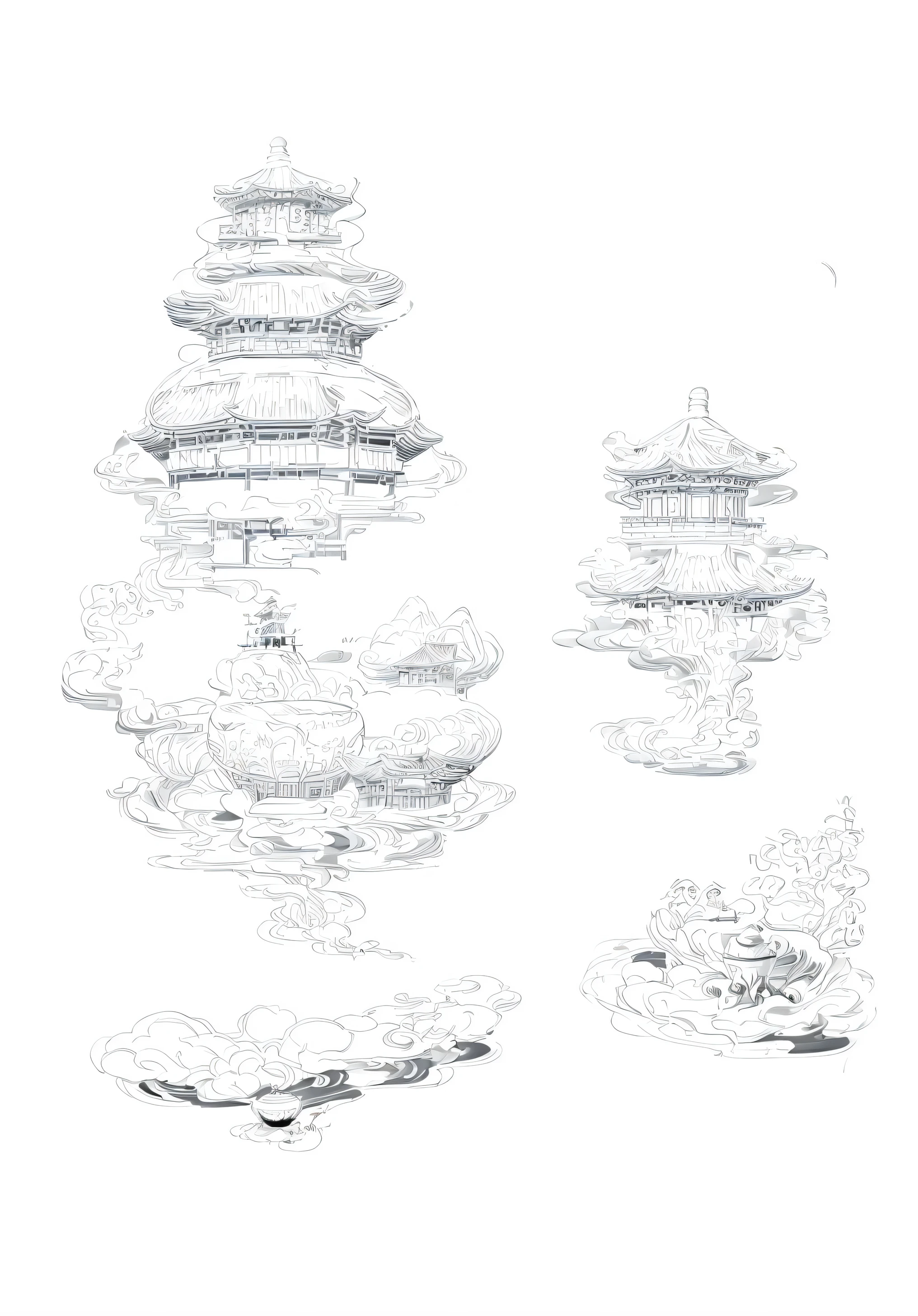 smooth composition,A Teapot falls from above,There are also mountains in the distance、Tea花、Tea、Chinese Architecture,black and white line drawing