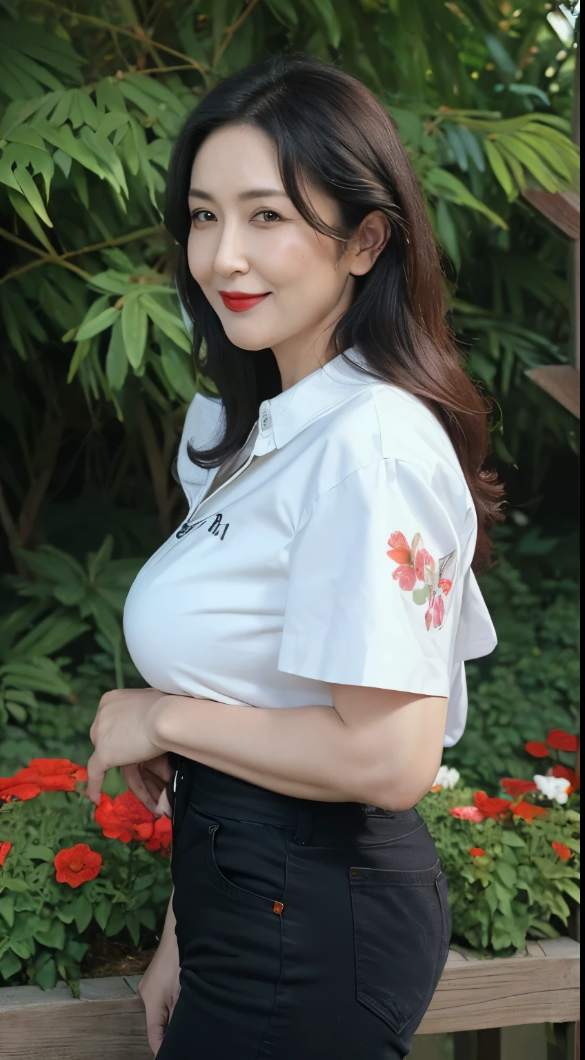 ((top quality、8k、masterpiece:1.3))、sharp focus, High level of image quality, high resolution，,brown shirt，black tie，floral jeans，37-year-old woman with long wavy hair，Mature，charming smile，Draw lips correctly, red lipstick，stand，Slightly fat，Big breasts，garden background，full-body shot
