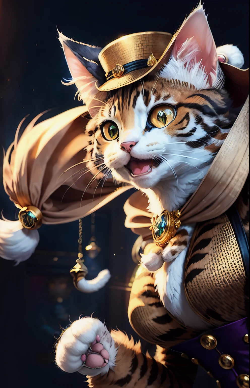 ((Cat )),, (wearing elegant clothes),full shot, fluffy hair, hat with lots of watches on it, Anthropomorphic performance, rich colors, exquisite details, masterpiece, realistic, Arts Station, CG, realistic, unreal engine, true light and shadow, Beautiful rich colors, amazing details, high quality, pair of ears,smile,laughing,