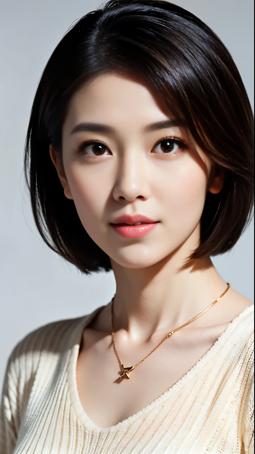 (best quality, 8k, 32k, masterpiece, ultra high definition: 1.2), Cute Japanese woman pictures, very short bob hair, Upper body, Face focus, extra large_sweater, necklace, simple background, from above, observe the audience,