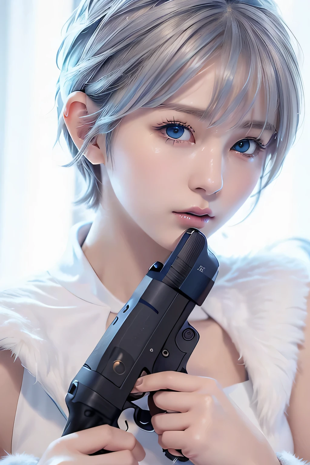 ８ｋ、highest quality, 1 girl, , blue eyes, ((pixie cut)), , , slim、flat body、lonely face、cute、inverted triangle face、 (close up head shot:1.23) 、assassin、with a gun in both hands、Wearing a white fur coat closed in the front、(point a gun:1.5)