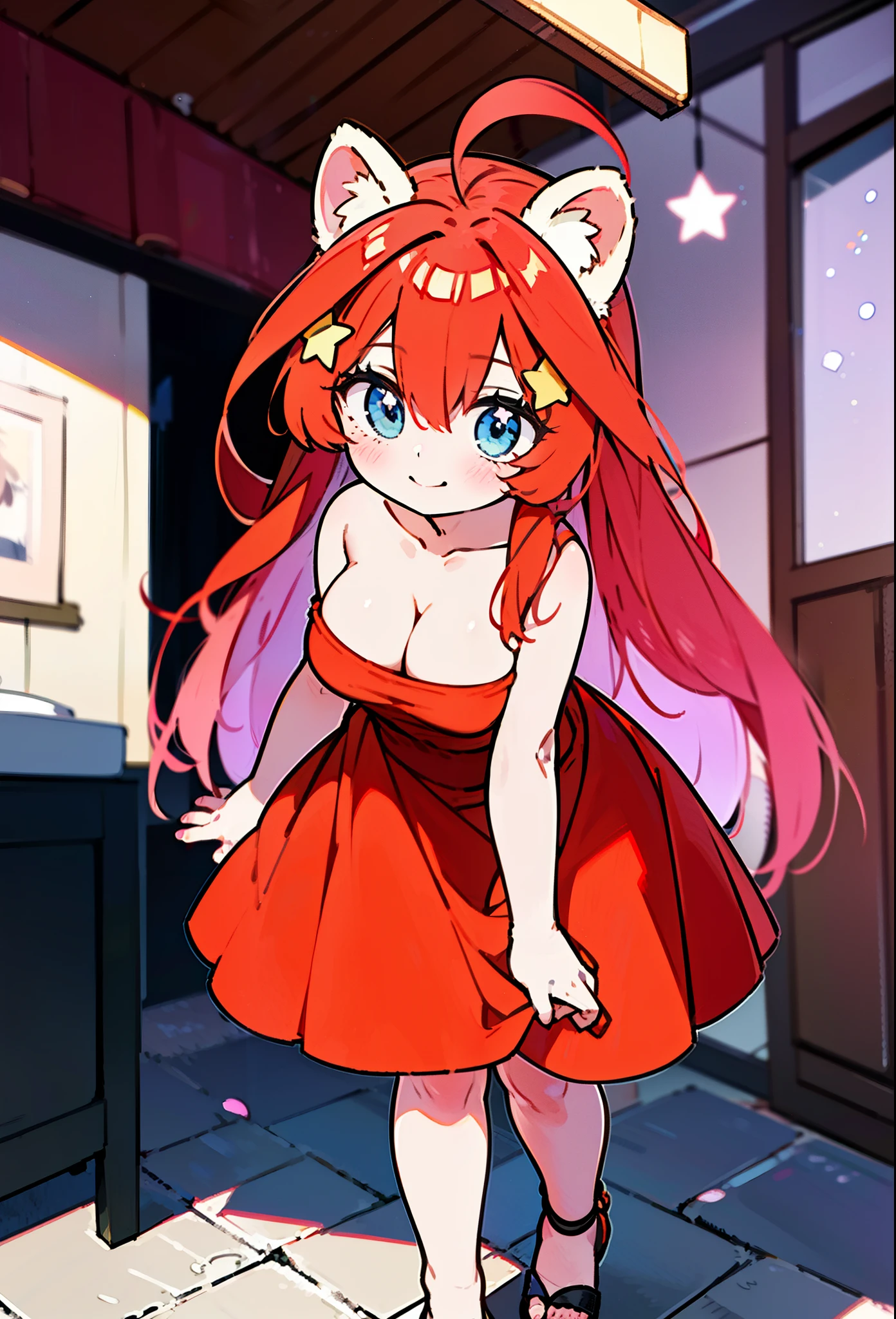 Satsuki Nakano, Itsuki Nakano, bangs, blue eyes, hair between eyes, Ahoge, redhead, star \(symbol\), hair ornaments, smile,blush,star hair ornaments,animal ears　 Raccoon ears,animal tail 　raccoon dog caudal fin,naked neck,bare clavicle,bare shoulders,big breasts,red official shoulder dress,long skirt,very sandals,turn around,city,Walking outdoors, city
壊す (masterpiece:1.2), highest quality, High resolution, unity 8k wallpaper, (figure:0.8), (beautiful deしっぽed eyes:1.6), extremely deしっぽed face, perfect lighting, extremely deしっぽed CG, (perfect hands, perfect anatomy),