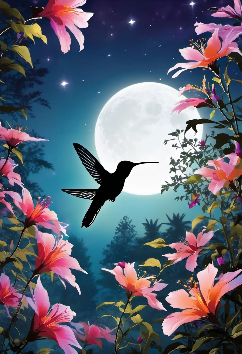 silhouette,hummingbird,flower garden,moonlight,shadow,peaceful,serene,wondrous,colorful,ethereal,quarter moon,blooming flowers,tranquil,beauty in nature,graceful motion,mystical,enchanted forest,luminous,calm,soft glow,delicate wings,poetic. 