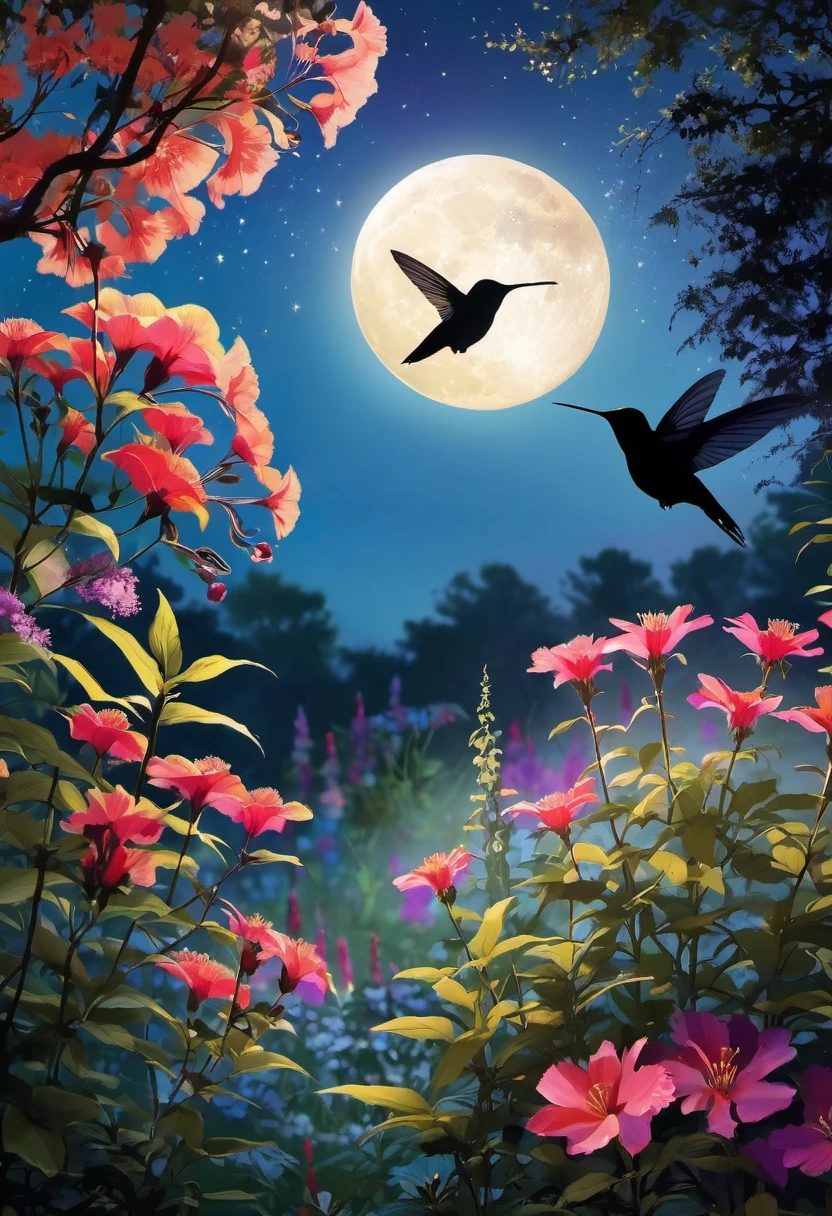 silhouette,hummingbird,flower garden,moonlight,shadow,peaceful,serene,wondrous,colorful,ethereal,quarter moon,blooming flowers,tranquil,beauty in nature,graceful motion,mystical,enchanted forest,luminous,calm,soft glow,delicate wings,poetic.
