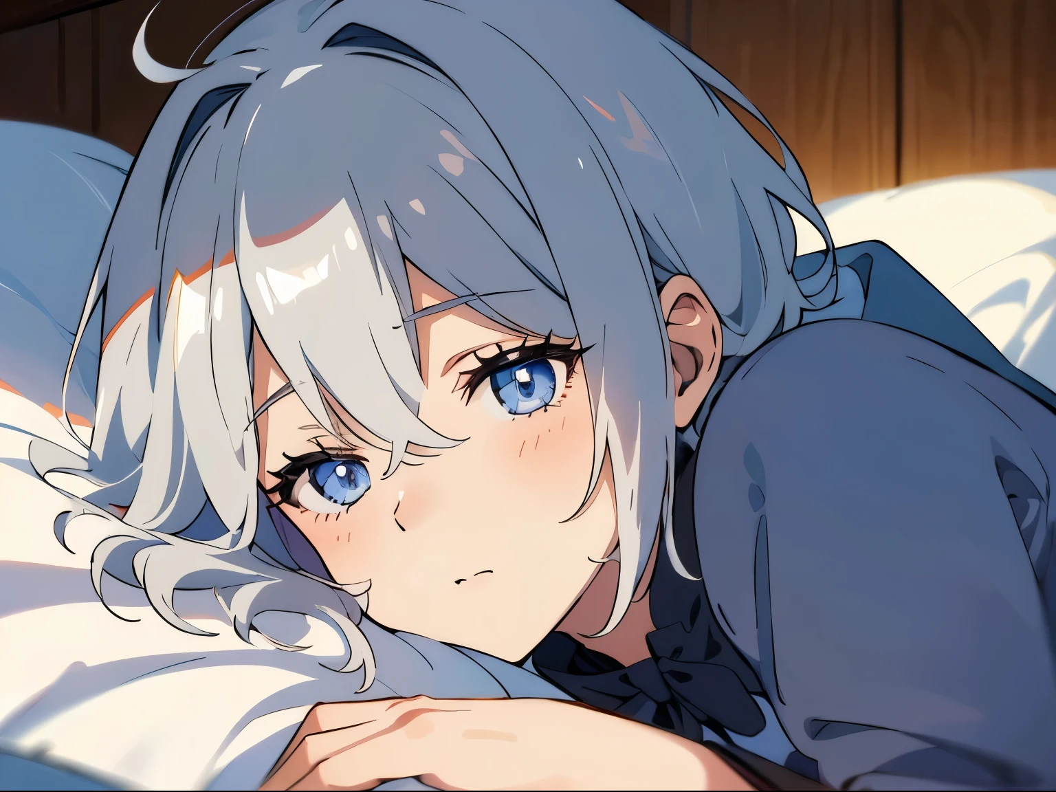 masterpiece, Cat eared boy(gray hair, short hair) ,boyish, beautiful eyes、depicted in detail,bed,lie,close both eyes,overhead shot,sleepy,futon,suffer from headache