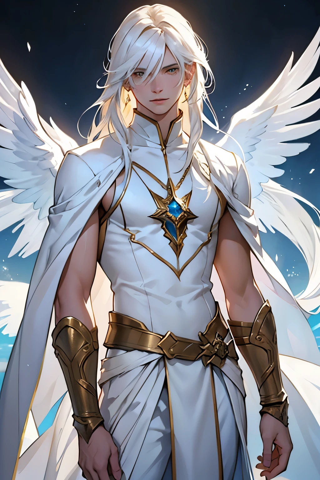 Aasimar,Height:177,weight:50,Age:22,Eyes Crystal White,skin:Heavenly Light, hair:White with yellow strands, brigantine,young man, Skinny build.