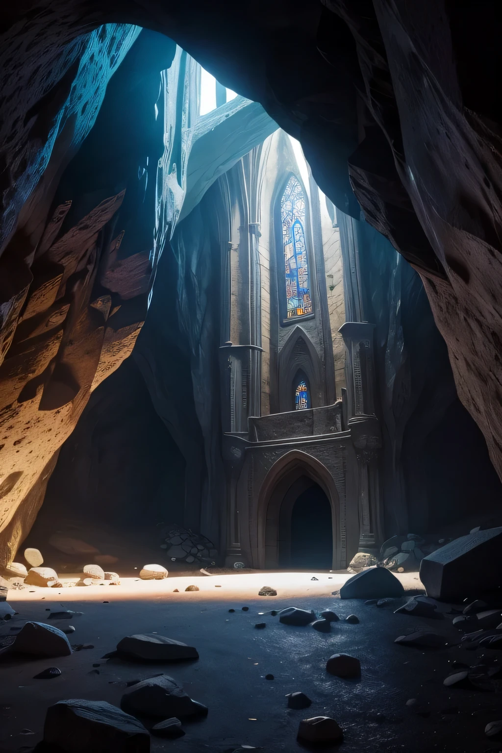 an underground cave with crystals and medieval architecture built into the rock, 
