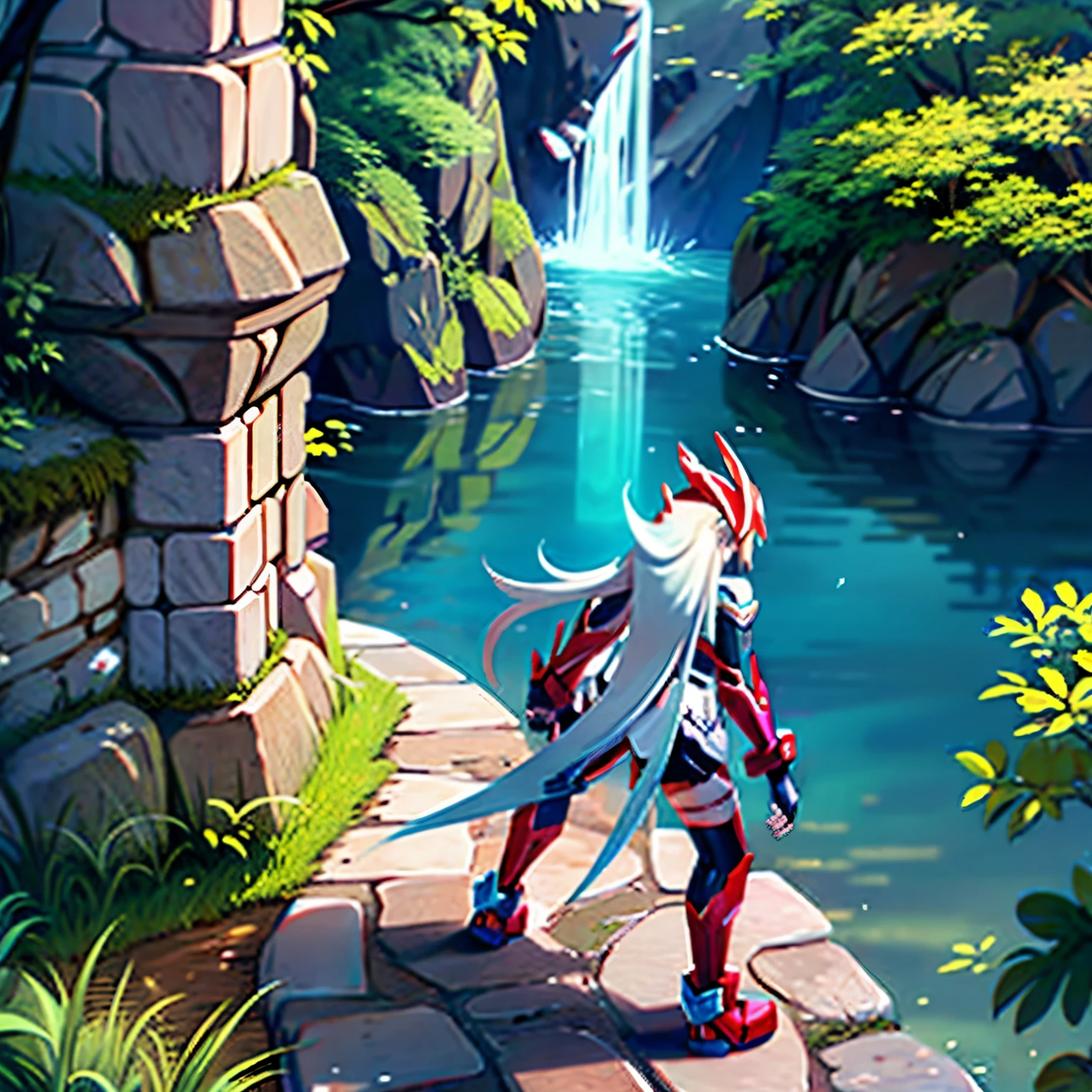 megzeromyth2023, 1boy, long white hair, red armor, green energy sword, 8k, uhd, best quality, masterpiece, intricate, overlooking the ocean on the edge of a rock, in the style of avian-themed, realistic yet stylized, villagecore, azure, orange and azure, dragoncore, aerial view