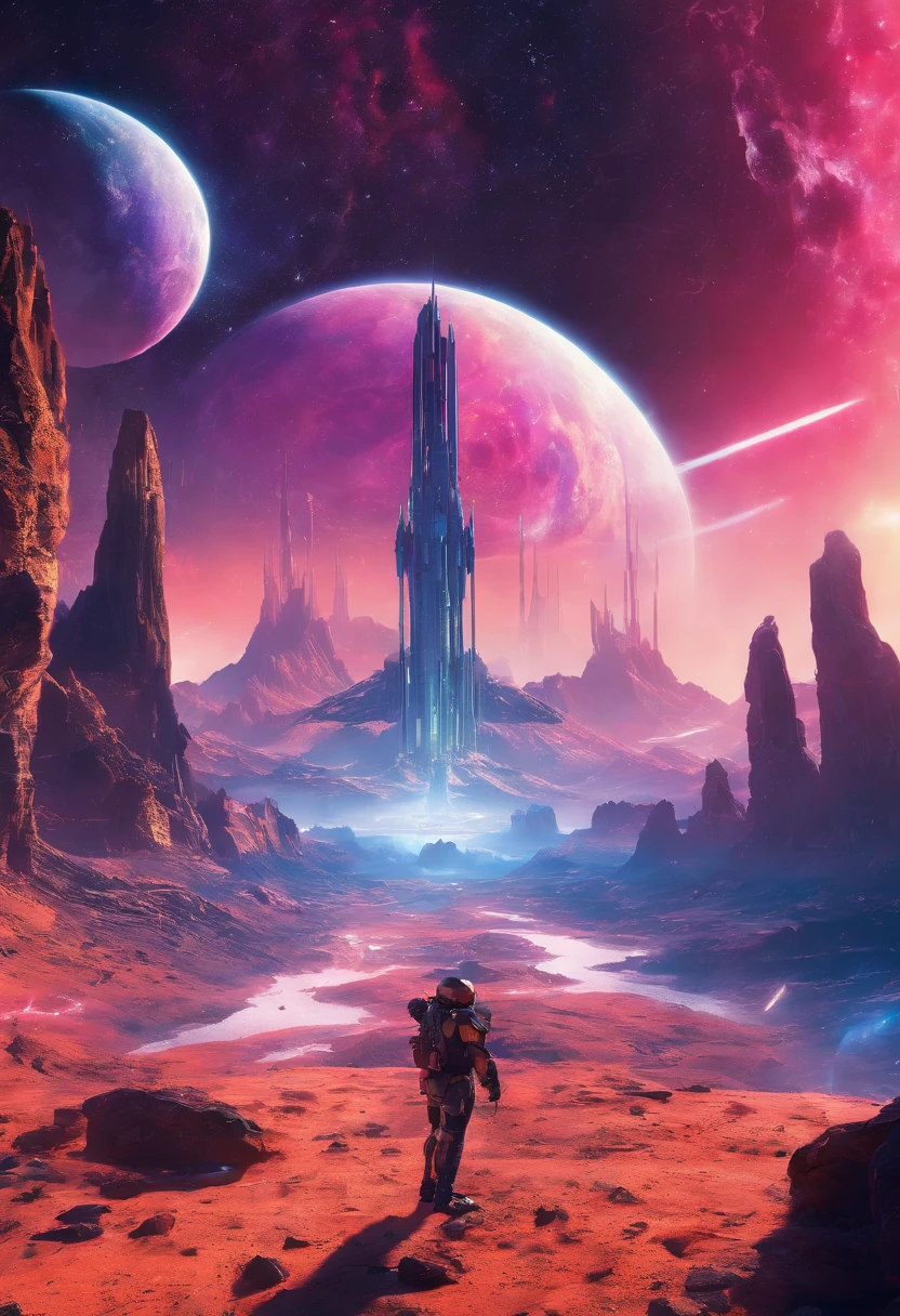 (best quality,highres,ultra-detailed,realistic,HDR,studio lighting,vivid colors,landscapes,portraits,sci-fi,concept artists,star war),a breathtaking landscape scene with a realistic depiction of a sci-fi world inspired by the concept artists of Star Wars. The scene is filled with stunning details and vibrant colors, showcasing the beauty and grandeur of the otherworldly setting. The landscape features vast mountains and towering cliffs, with a unique combination of futuristic architecture and natural elements. The studio lighting enhances the depth and realism of the scene, casting dramatic shadows and highlighting the intricate details of the world. The colors are vivid and dynamic, with a wide range of hues and tones that create a visually captivating experience. The overall atmosphere is both awe-inspiring and immersive, inviting viewers to explore and immerse themselves in this sci-fi masterpiece.