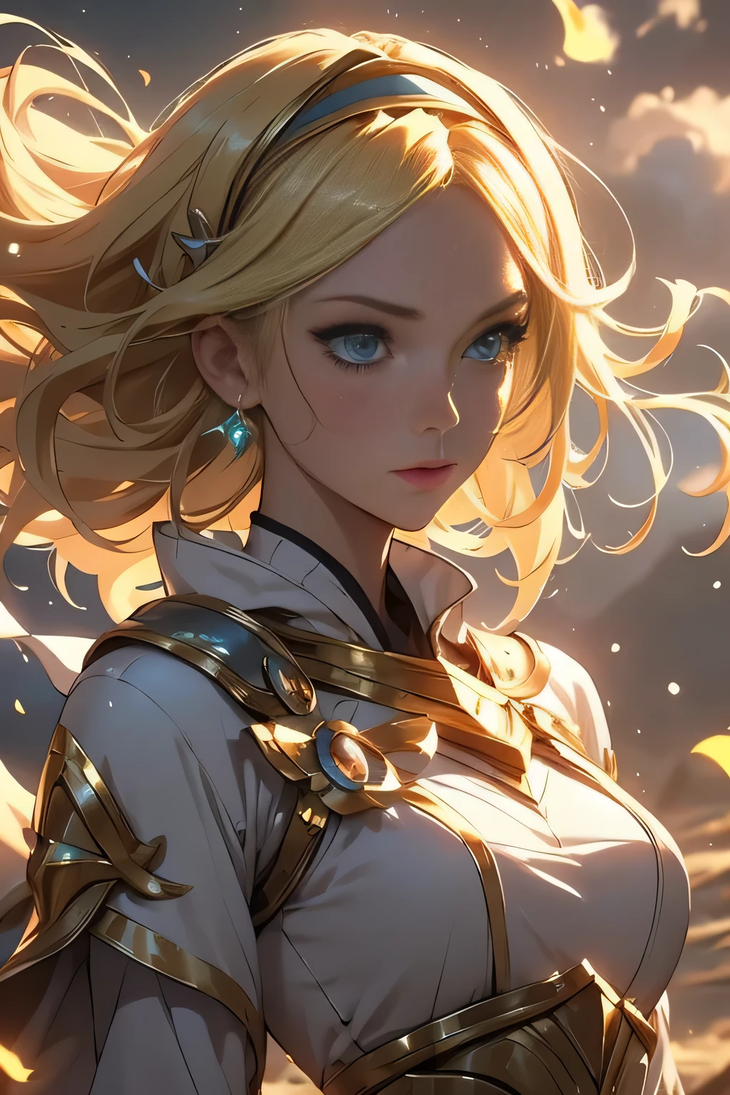 1girl, lux from leagueoflegends, lux lol, blond hair, ultra-detailed hairstyle, green eyes, hair band, face focus, upper body shot,
beautiful woman perfect detailed face, close-up, cinematic Lighting,
dress billowing in the wind, captured in a mid action pose, dust particles in the air,