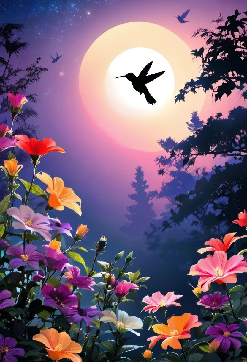 silhouette,hummingbird,flower garden,moonlight,shadow,peaceful,serene,wondrous,colorful,ethereal,quarter moon,blooming flowers,tranquil,beauty in nature,graceful motion,mystical,enchanted forest,luminous,calm,soft glow,delicate wings,poetic. 