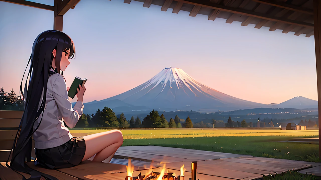 Fuji山を望むキャンプ場で焚き火をしながら本を読む、A woman with long hair wearing a miniskirt. Fuji.
