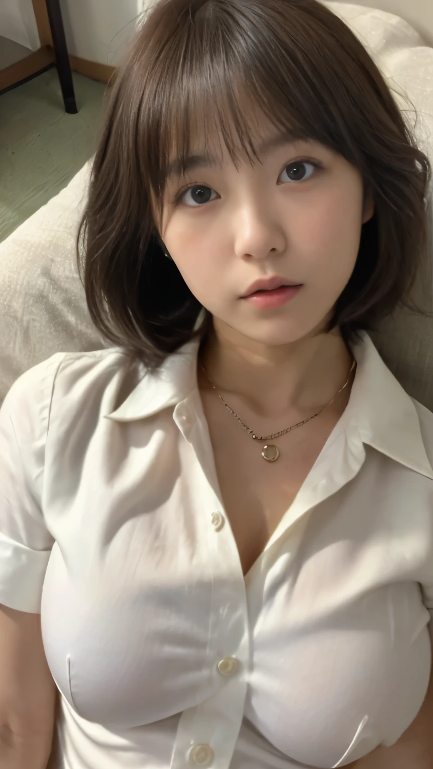 (((1girl)))((best qualtiy, 8K, tmasterpiece:1.3)),((Sharp:1.2, perfect figure beautiful woman:1.4, Slim abs:1.2)), ((Layered Hair Style, huge tit:1.3)),((Highly detailed facial and skin texture,A detailed eye,Black eye,double eyelid, droopy eyes)),(japan girl:1.5)(Brown Hair,Bob Cut)(No-collar shirt:1.8),(japan girl room:1.3)(from above:1.3)