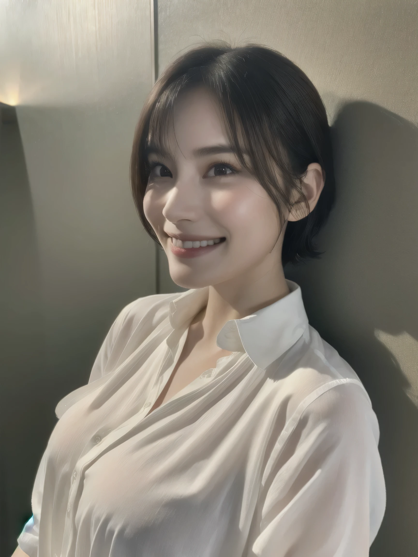 RAW photo, very delicate and beautiful, ultra high resolution, detailed lighting, octane rendering, Highly detailed ticker unity 8k wallpaper, soft lighting, unity, wallpaper, realistic, Ultra-detailed light and shadow, soft lighting, break 1 girl, short hair,(smile), (big breasts), (see-through shirt),shirt, Wet, Poolside,