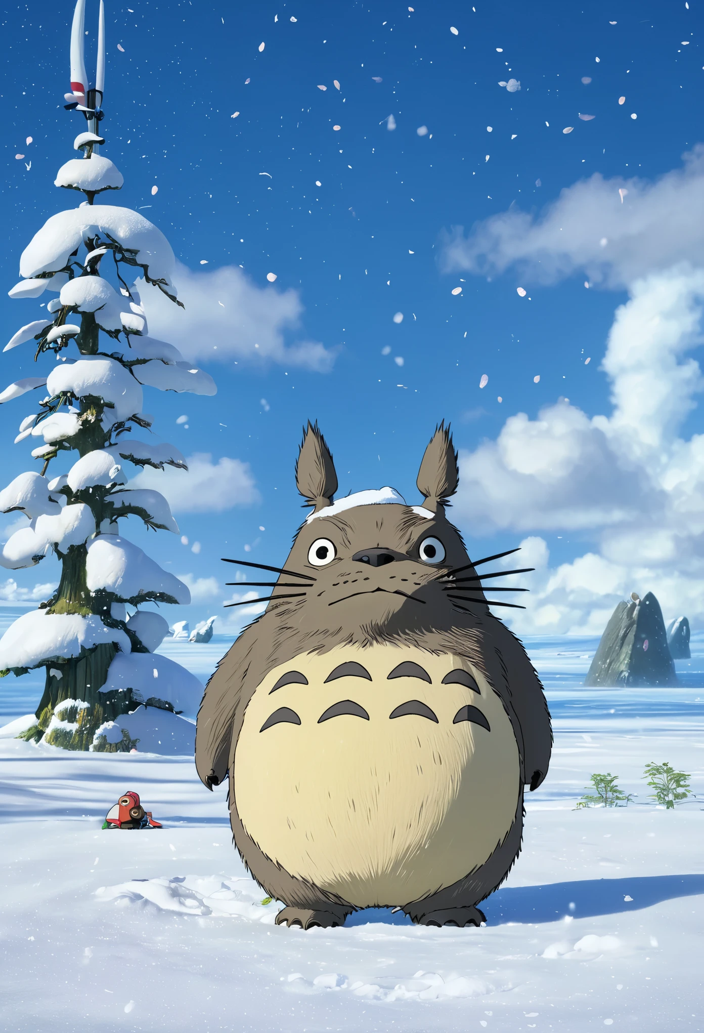 Totoro standing in the snow in North Pole,